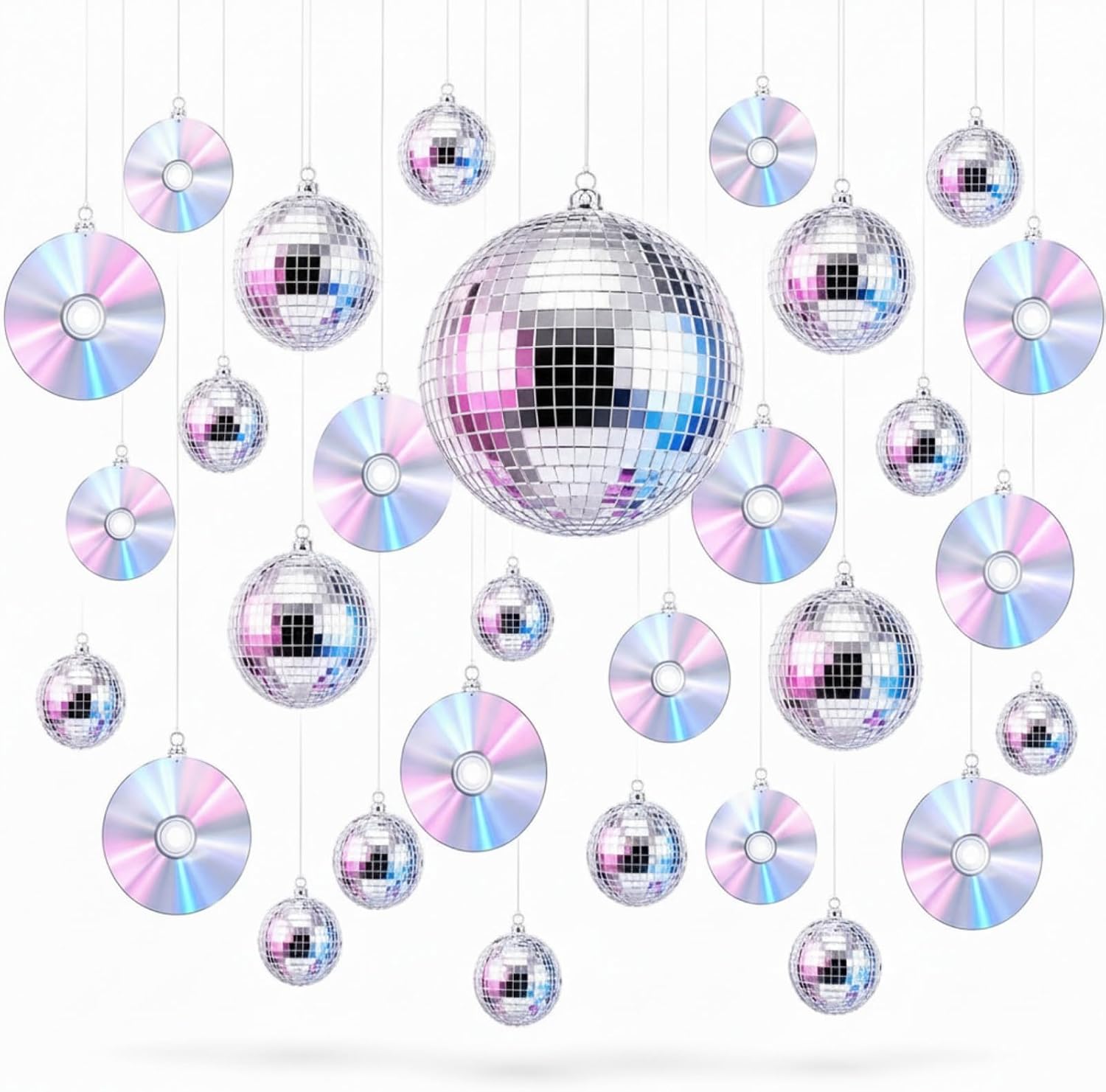 Sabary 30 Pcs Y2k Party Decorations Include 5.9'' 2.4'' 1.2'' Silver Disco Balls 4.7'' Cd Hanging Decor Disco 2000s Party Decorations for Retro 50s 70s 80s 90s 20s Music Y2k Birthday Supplies Favors