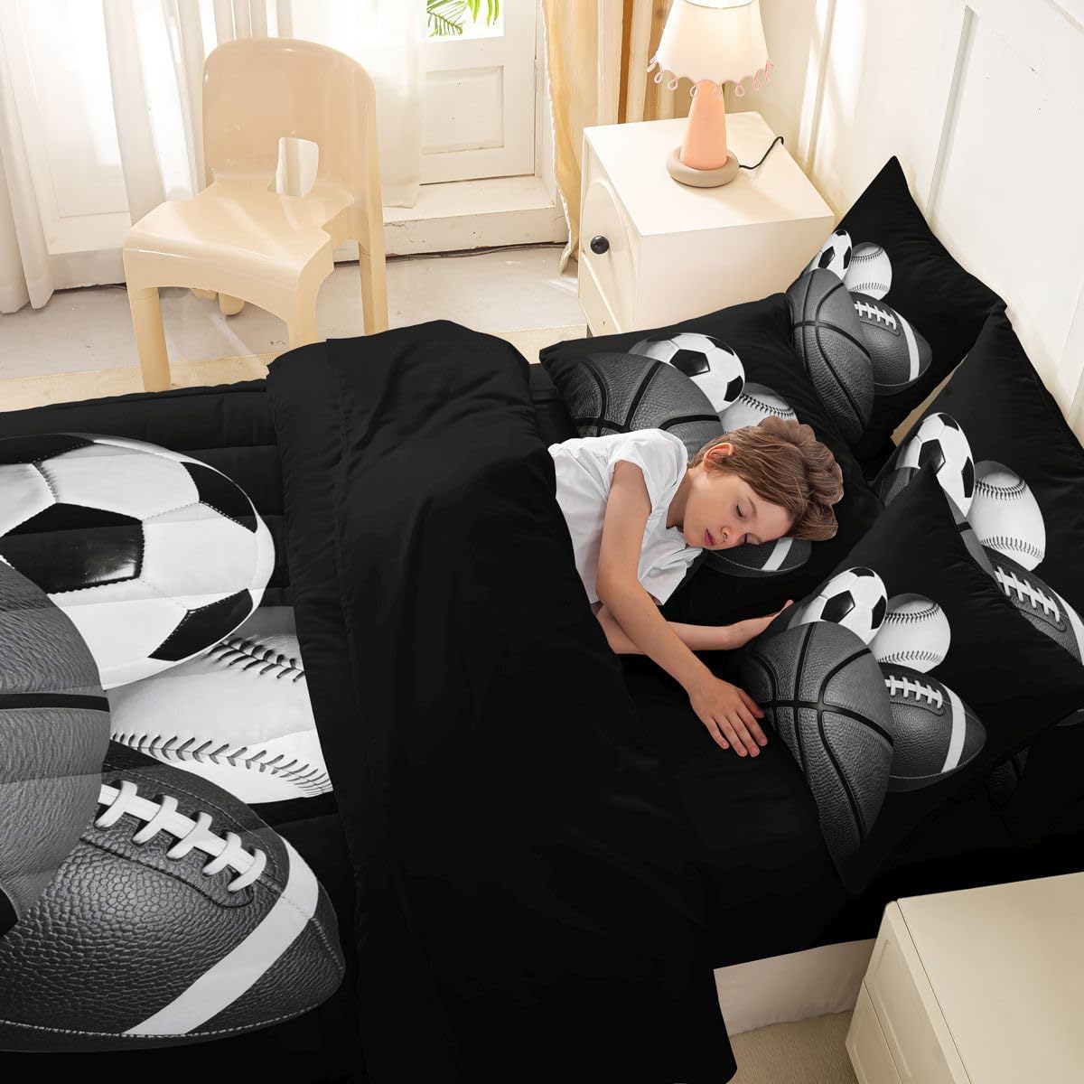 Feelyou Boys Sports Comforter Set Full Size 7 Pieces Football Baseball Soocer Basketball Bedding Set Kids Black White Bed in a Bag with Sheets, Pillowcases, Cushion Covers Sports Gifts Room Decor Soft