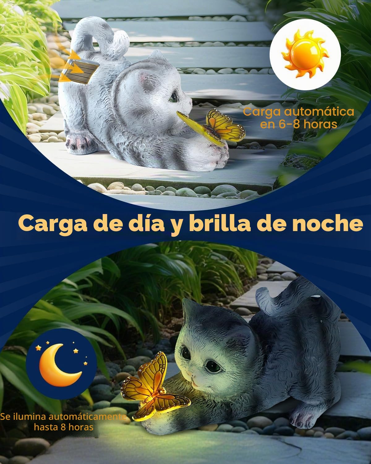 Pawfly Estatuas Solares Jardín, Decoración Solar Exterior, Decoración Gato con Luz Mariposa, Figura Resina Gato, Estatuas Gato Exterior Luces Solares para Jardín, Terraza, Balcón, Porche, Césped y Pat