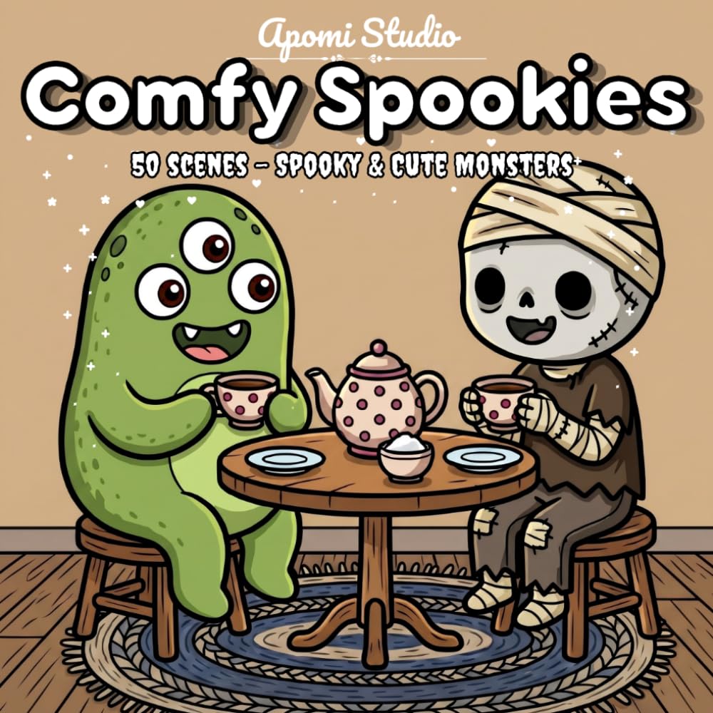 Comfy Spookies: Comfy and Chill Coloring Book — 50 Bold and Easy Cute Spooky Scenes of Friendly Ghosts, Mummies and Little Monsters Living Their Cozy Cottage Lives
