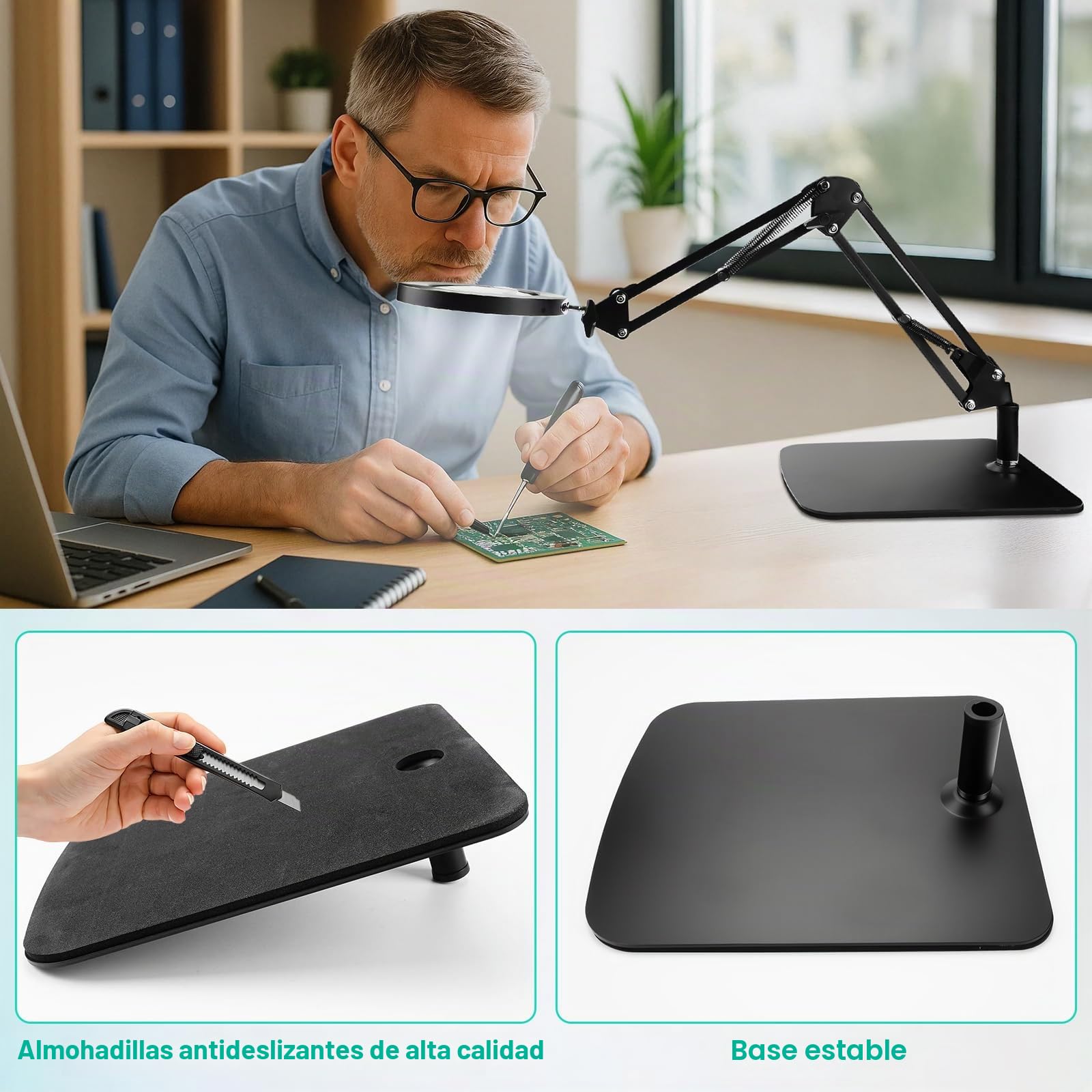 Lupa de 15 aumentos con luz, lámpara de escritorio LED con base y clip, luz de lupa LED con 3 modos de color, regulable, para reparaciones de bricolaje, macro, dibujo y lectura