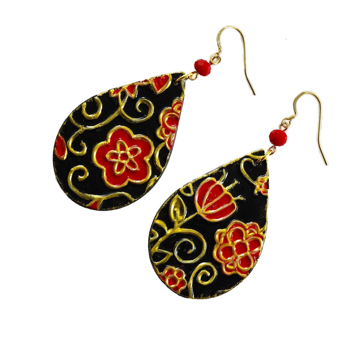 Pendientes de cerámica pintados a mano – GOTAS FLORES ROJAS EN CERÁMICA DE VIETRI - Pendientes de mujer, Joyas pintada, Gancho de plata, Made in Italy, Bisutería, Elaboración artesanal