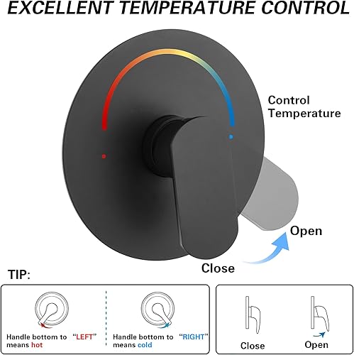 Miniatura 7 de Válvula mezcladora de ducha, kit de moldura de válvula de mango de ducha redondo de una sola función, color negro mate, grifo de ducha de montaje en