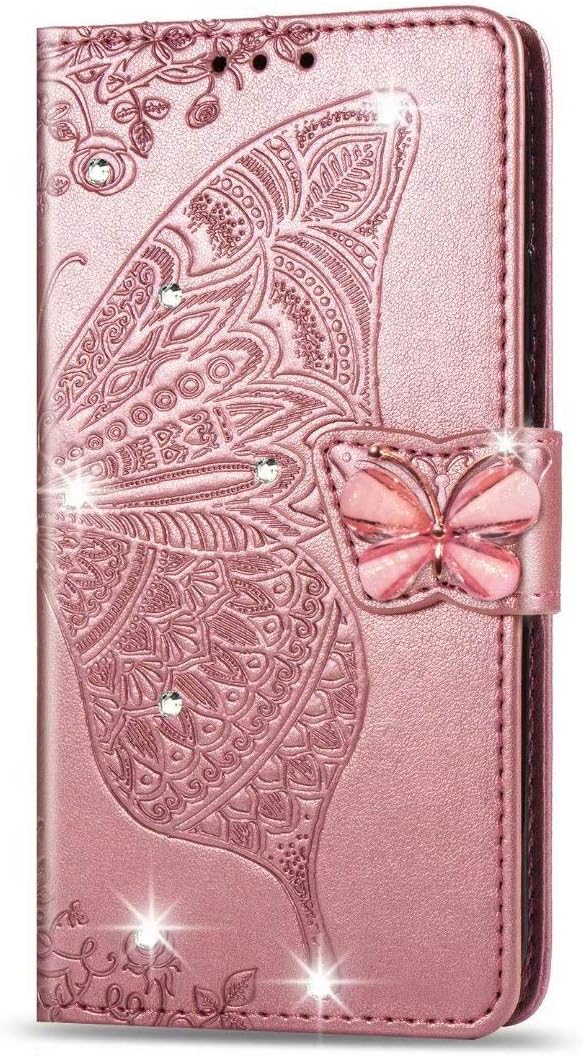 Lvnarery Samsung Galaxy A21S Case 3D Glitter Bling Sparkly Gems Butterfly Flip Case Stand PU Leather Wallet Phone Cases Card Slots Magnetic Silicone Bumper Shockproof Cover Rose gold