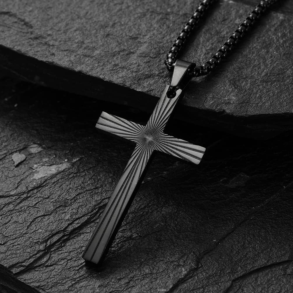 Men Cross Necklace,Stainless Steel Silver/Gold/Black Pendant Necklace Jewelry，60cm Rolo Chain