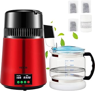 VEVOR1.1Gal Water Distiller, 0.3Gal/H, Distilled Water Maker Machine 750W 0-99H Timing Setting Temp Display, 304 Stainless Steel Countertop Distiller Glass Carafe Cleaning Powder 3 Carbon Packs, Red