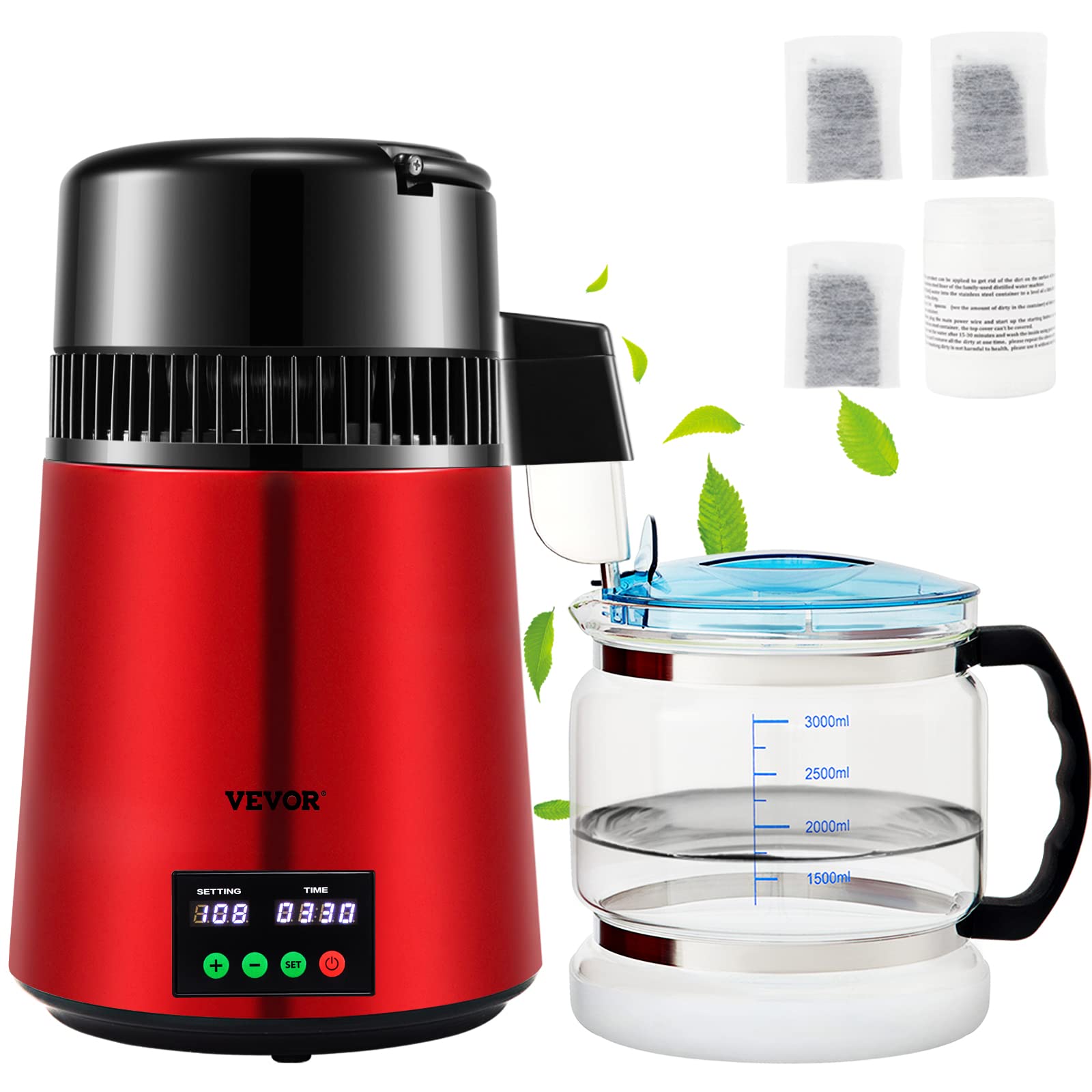 VEVOR 1.1Gal Water Distiller, 0.3Gal/H, Distilled Water Maker Machine 750W 0-99H Timing Setting Temp Display, 304 Stainless Steel Countertop Distiller Glass Carafe Cleaning Powder 3 Carbon Packs, Red