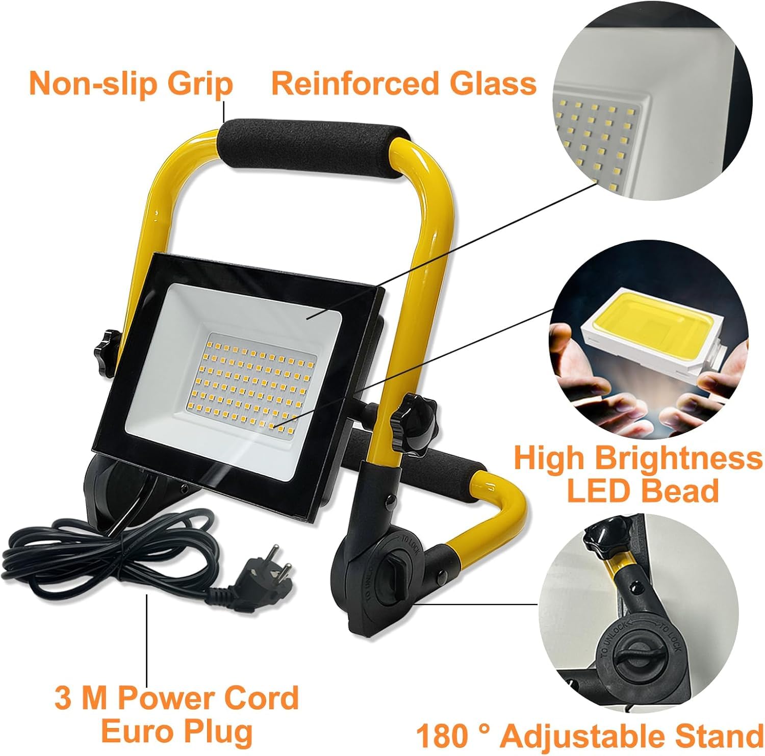 Reflektor budowlany LED, 2 sztuki, 100 W, zimna biel, reflektor LED, lampa robocza z wtyczką i antypoślizgowym stojakiem, wodoszczelny IP66, reflektor budowlany do warsztatu, na placu budowy