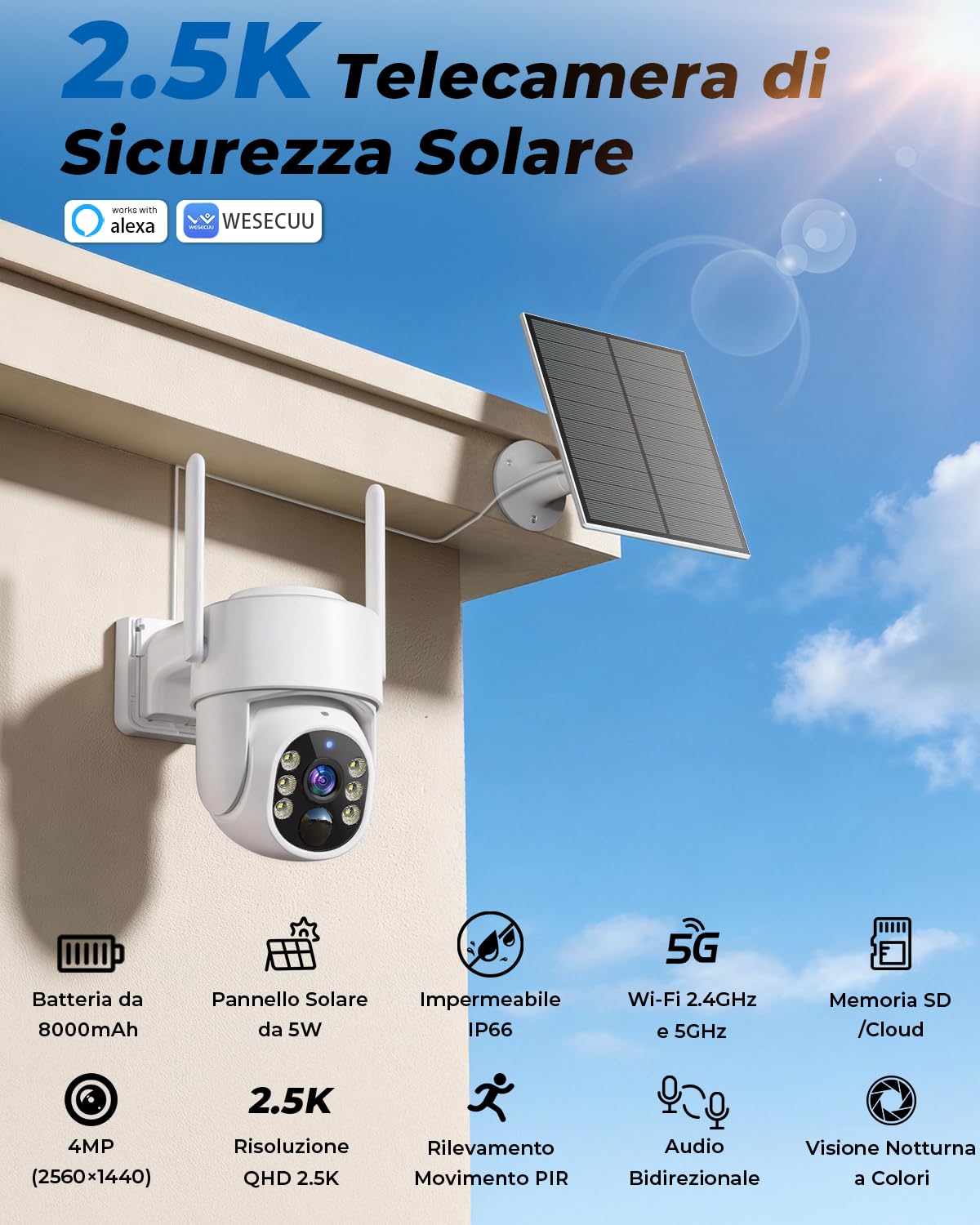 WESECUU Telecamera di Sorveglianza WiFi Esterna Senza Fili Solare 2.5K 4MP con Pannello Solare 5W, 2K QHD, Batteria 8000mAh, Wi-Fi 2.4G e 5GHz, PTZ 360° Seguimento Automatico, IP66, Rilevazione PIR