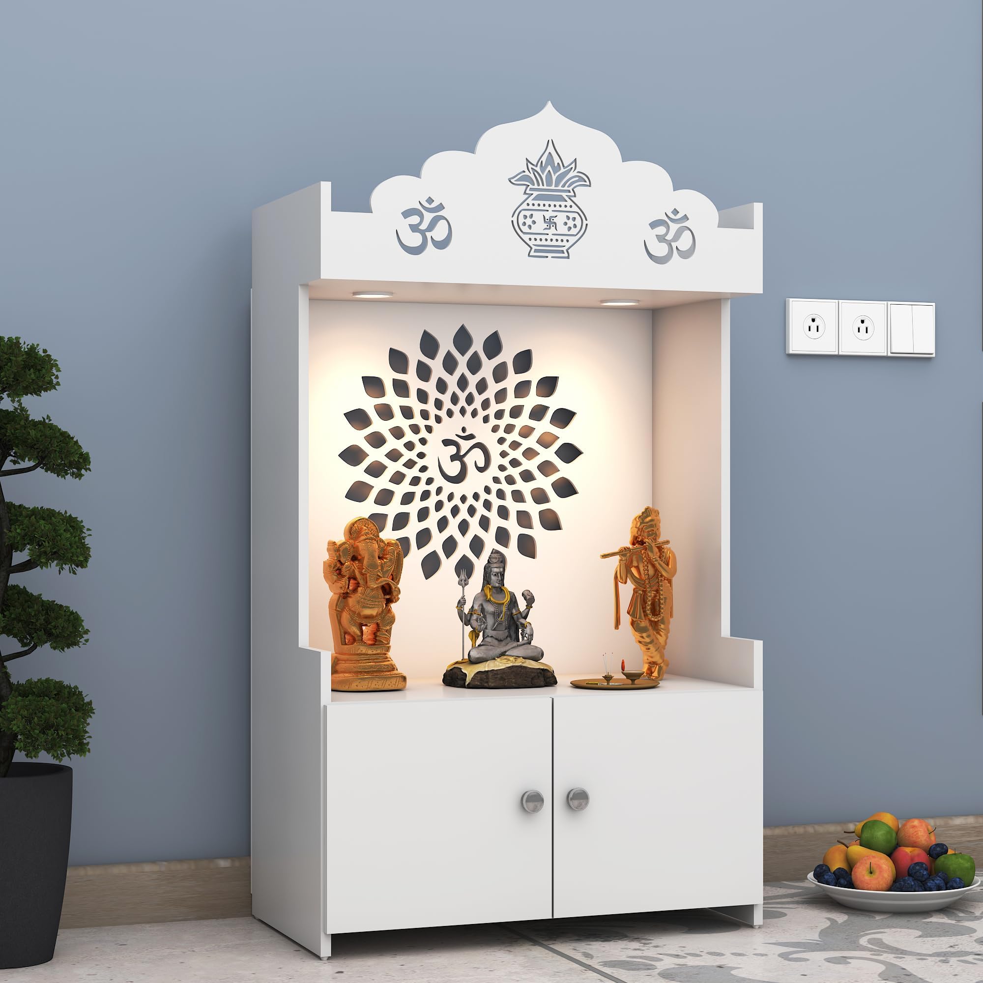 Anikaa Delma LED Light OM Home Temple Puja Shelf Temple Stand with Storage Puja Mandir for Home, Office - White (D.I.Y - Do-It-Yourself)