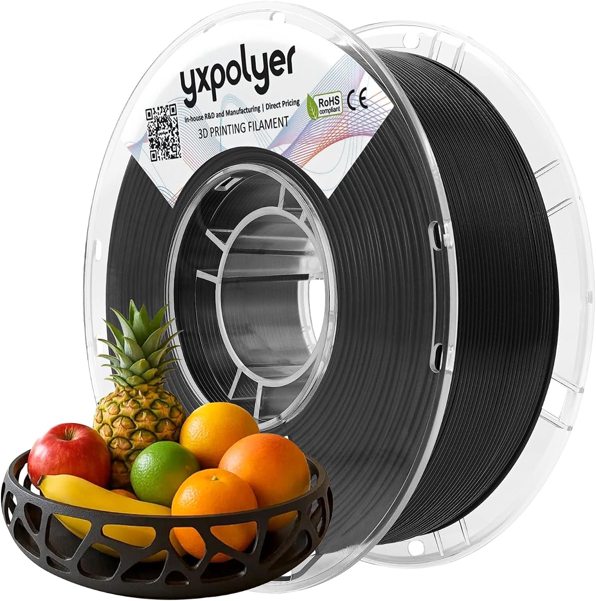 YXPOLYER PLA Filament Food Grade 1.75mm 1kg for 3D Printing, PLA+ Black 3D Printer Filament with Transparent AMS-Compatible Filament Spool