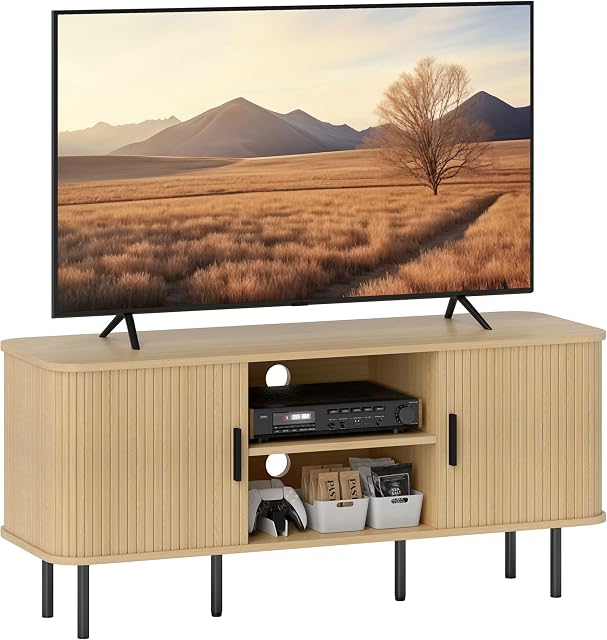 HOMCOM TV Table Stand for TVs up to 55 Inches, TV Stand with Storage Shelves and Cabinets for Living Room, Oak Tone