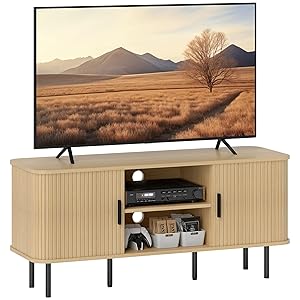 HOMCOM Mueble de TV Vintage Mesa de TV de Salón con 2 Puertas Correderas de Tambor 2 Estantes Abiertos Mueble para Televisores de 55 Pulgadas 120x40x55 cm Roble