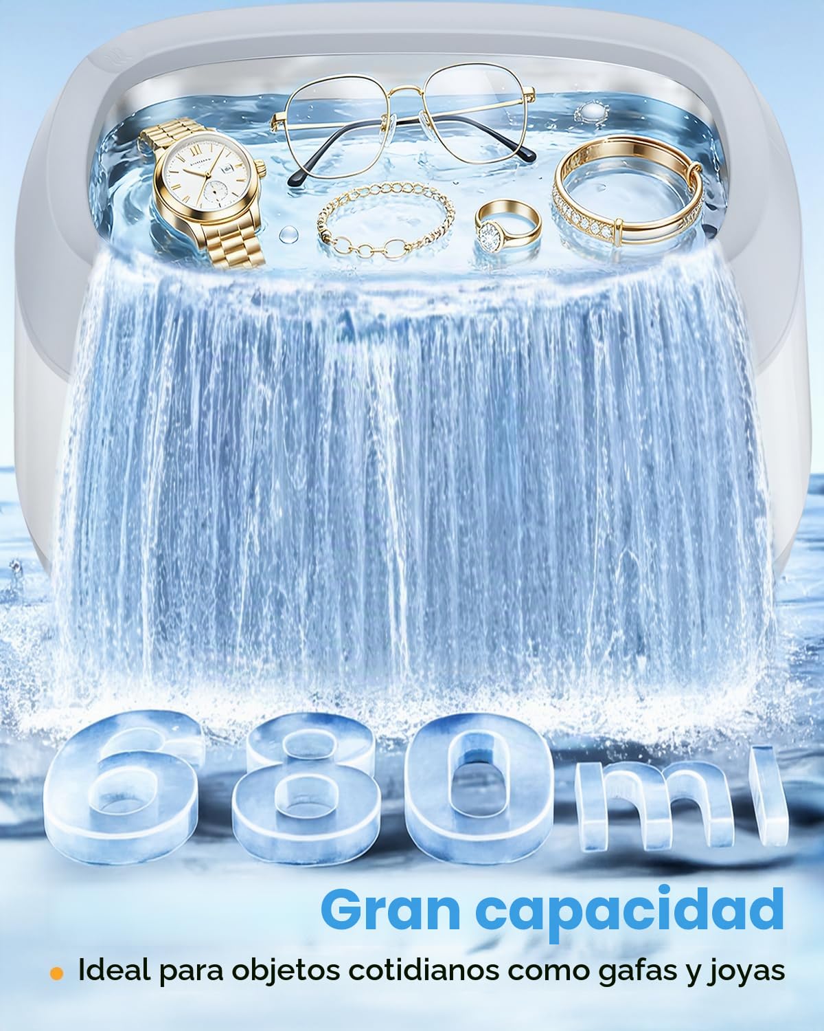 680ML Limpiador Ultrasónico y Limpiador de Gafas 45000Hz, Máquina de Ultrasonidos con Temporizador Digital para Joyas, Dentaduras Postizas, Férulas Dentales, Relojes y Accesorios