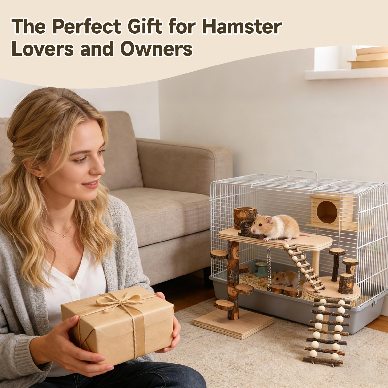 Parque infantil de madera para hámster de 44,9 x 30 x 27,2 cm, centro de escalada y actividad con plataforma, escalera, columpio, comedero y juguete masticable para animales pequeños
