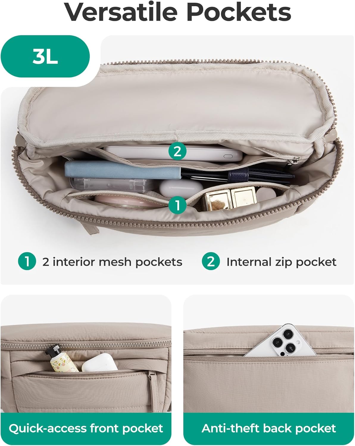 BAGSMART Fanny Packs for Women Cross Body, Lightweight Puffy Belt Bag with Multi Pockets Quilted Purse for Traveling Hiking Black - Image 4