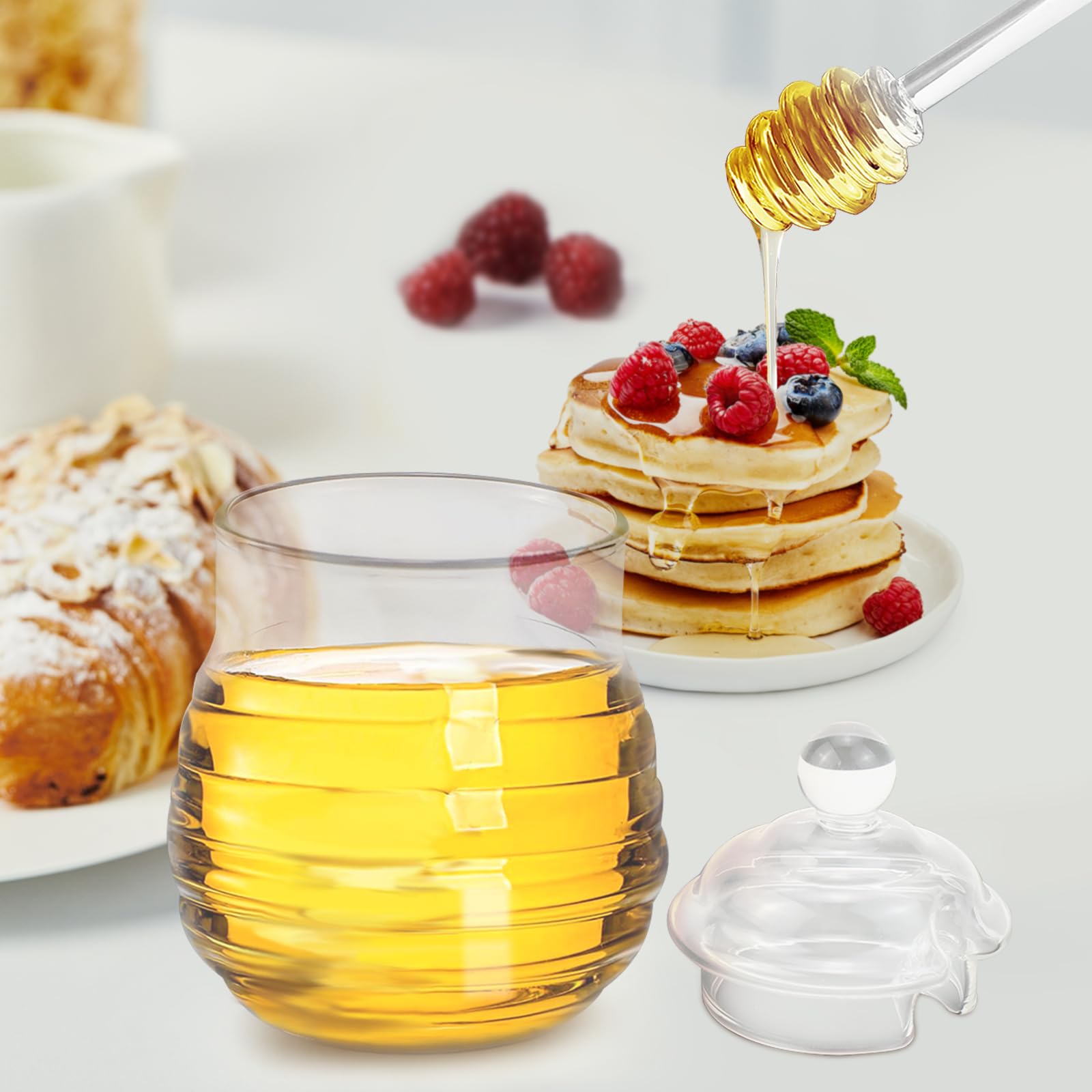 Dispensador de miel de 300 ml, tarro de miel con cuchara de miel, olla de miel sellada, tarro de miel de cristal para jarabe, colmena, almacenamiento de cocina