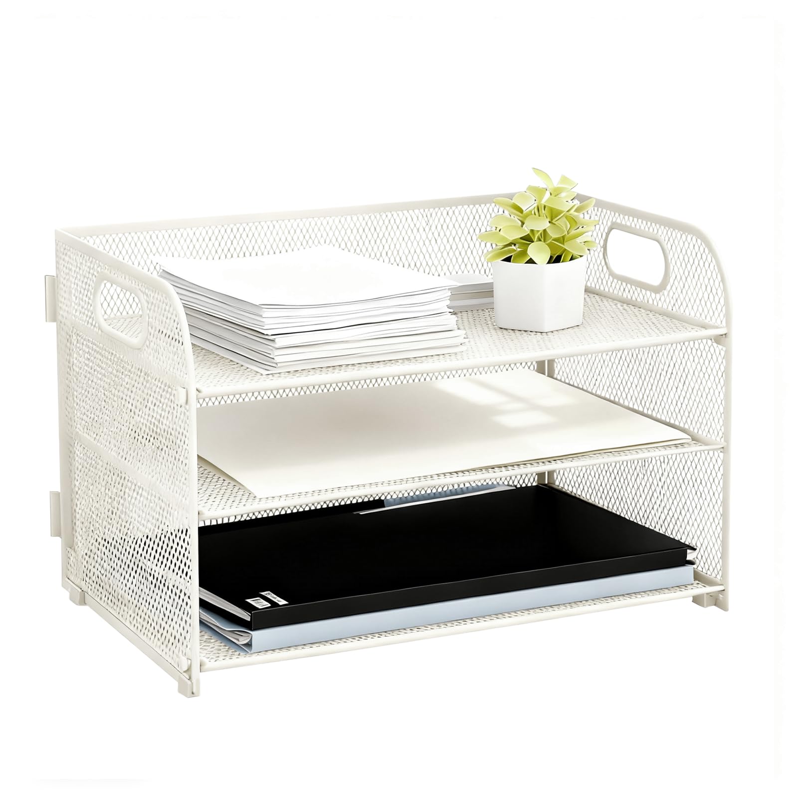 Eidoct White 3 Tier Paper Organiser With Handle, Mesh Desk Organiser Letter Tray, Paper Tray Organizer For A4, For Desk Office Home A4 File Document Storage (White)