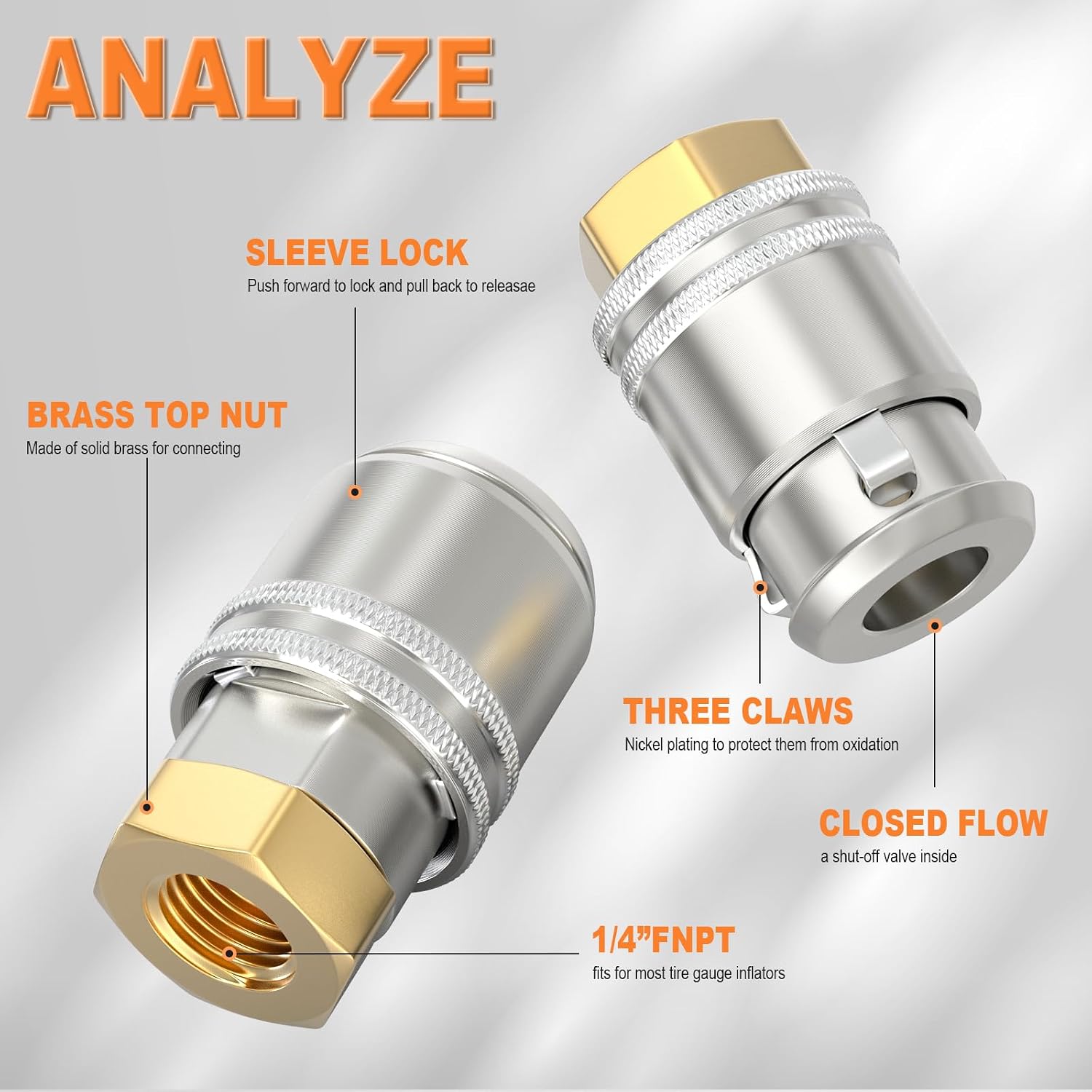 GASHER Lock On Air Chuck, 1/4" FNPT for Tire Inflator and 12V1 Stem Quick Connector for Large Bore Valve, Heavy Duty Closed Flow Tire Chuck（1 Pack）
