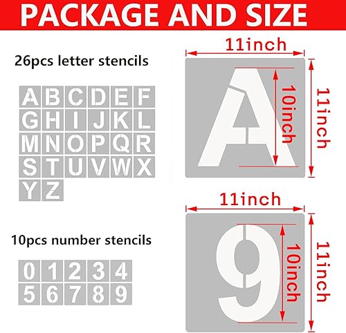 Miniatura 56 de YEAJON Plantillas y números de letras de 12 pulgadas, 36 plantillas de arte del alfabeto, plástico reutilizable para madera, pared, tela, roca