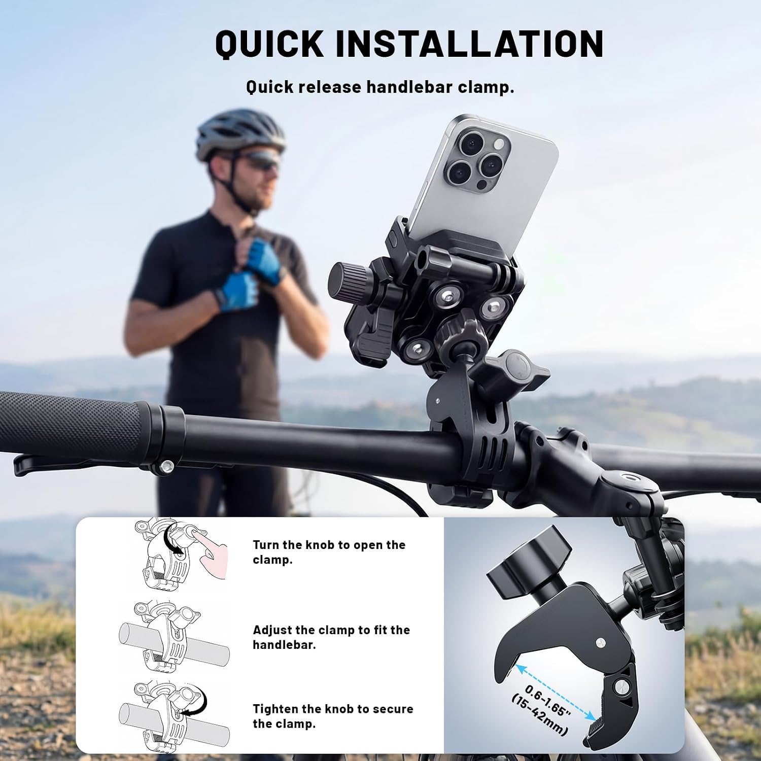 Bike Phone Mount & Action Camera Holder, One-Touch Lock, Quick Release, Fits 17-42mm Handlebar, Compatible with 90% Smartphones, for Bicycle Motorcycle ATV UTV