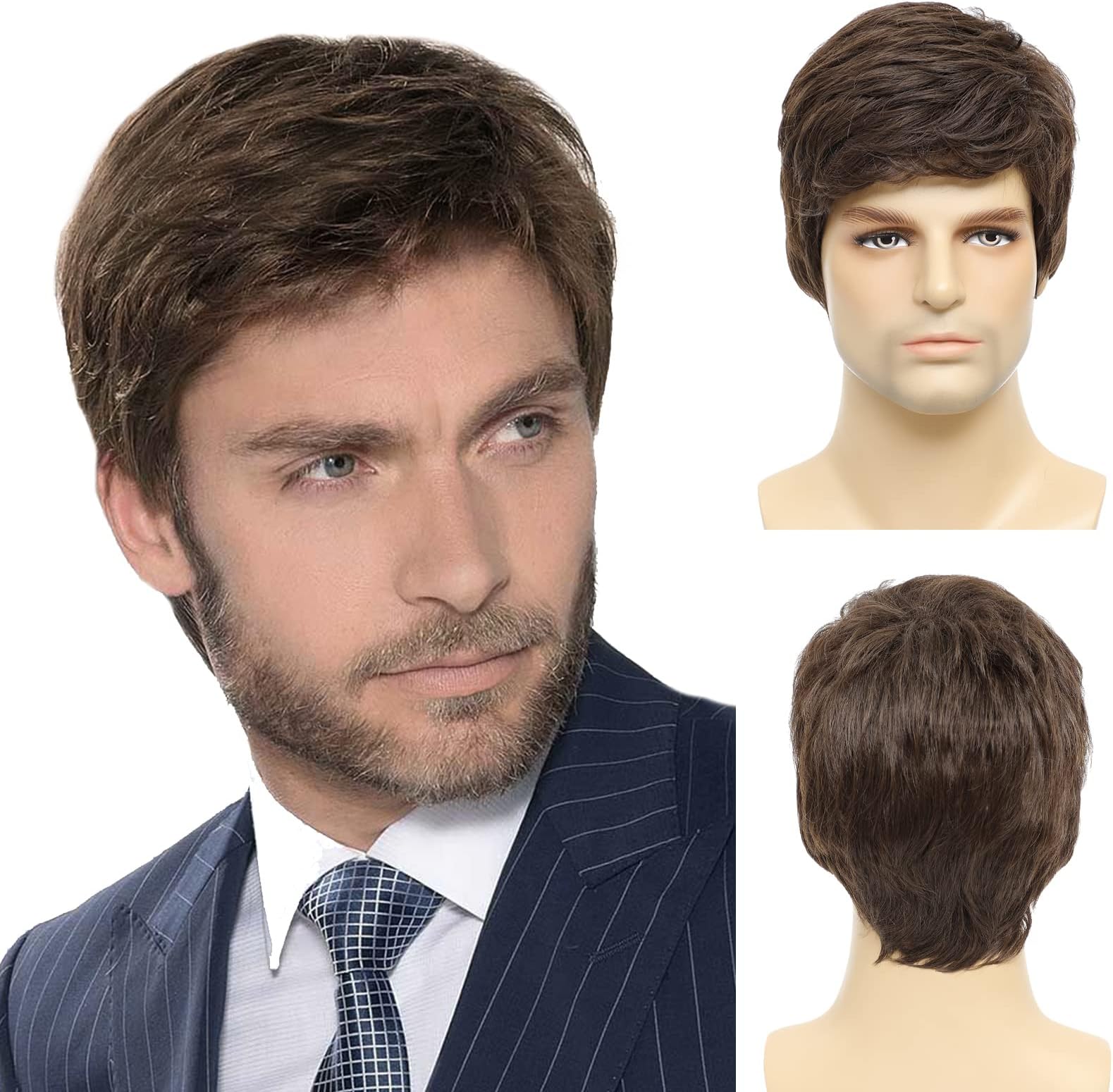 Mens Brown Wig, Short Brown Men Wig Layered Natural Hair Full Synthetic Wigs for Halloween Male Guy