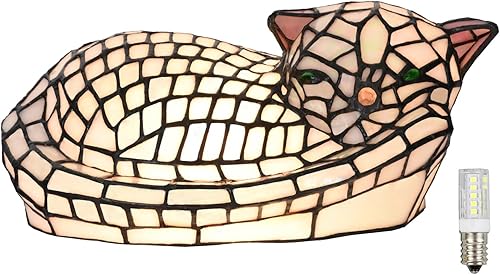A0013 - Lámpara de mesa estilo Tiffany con diseño de gato dormido, 11.5 pulgadas de largo x 7.125 pulgadas de ancho x 5.5 pulgadas de alto, luz