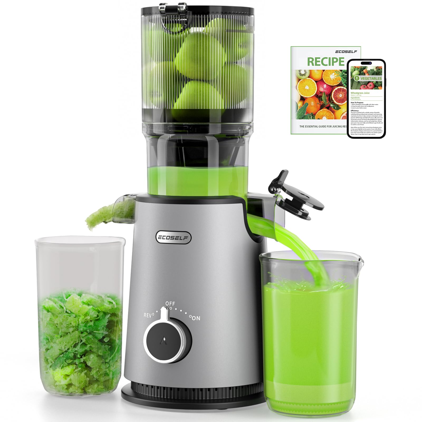 Cold Press Juicer, ECOSELF Juicer Machines with 4.35" Large Feed Chute Fit Whole Fruits & Vegetables, Self Feeding for Juice Extractor Machine, Easy to Clean and Assemble, High Juice Yield
