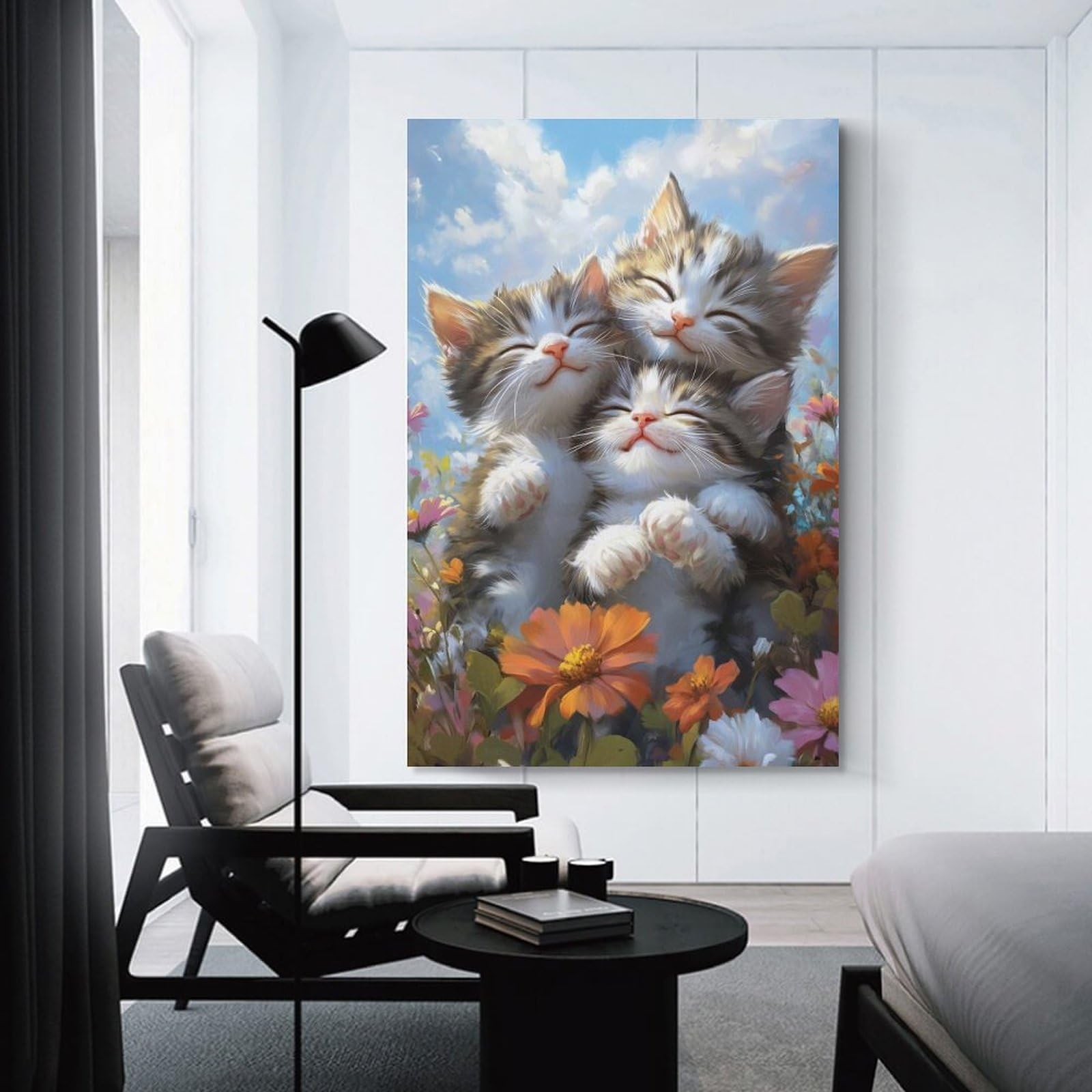 Junmoney Canvas Wall Picture Three Kittens in Flowers, 24x36inch(60x90cm), for Office, Study Or Home Workspace, Canvas Wall Decor for Creative Rooms