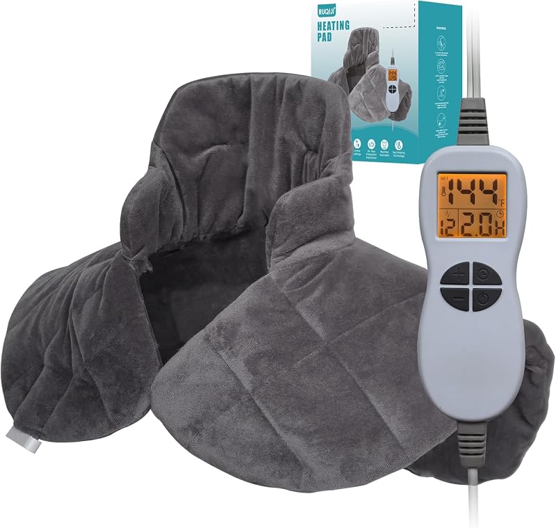 Ruqiji Almohadilla térmica para cuello y hombros con peso de 19 x 24 pulgadas, 2,5 libras con 12 ajustes de temperatura y temporizador de cuenta regresiva, alivio del dolor para cuello/hombros/dolor menstrual (gris oscuro)