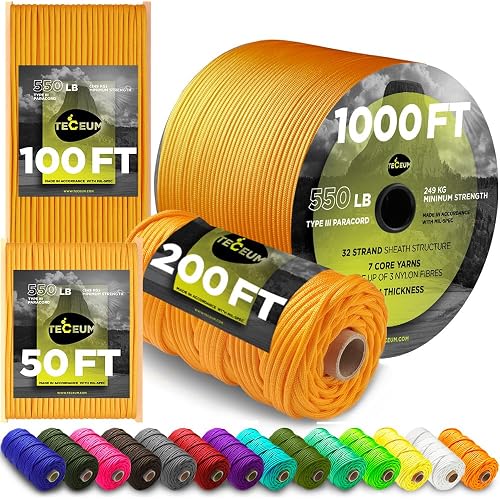 TECEUM 5/32" Paracord Rope 1000 – 1000ft / 200ft / 100ft / 50ft – Tactical Parachute Cord 4mm – 45+ Colors – Nylon String for Survival & Camping Gear – Stripe Cord for Survival – Utility Rope