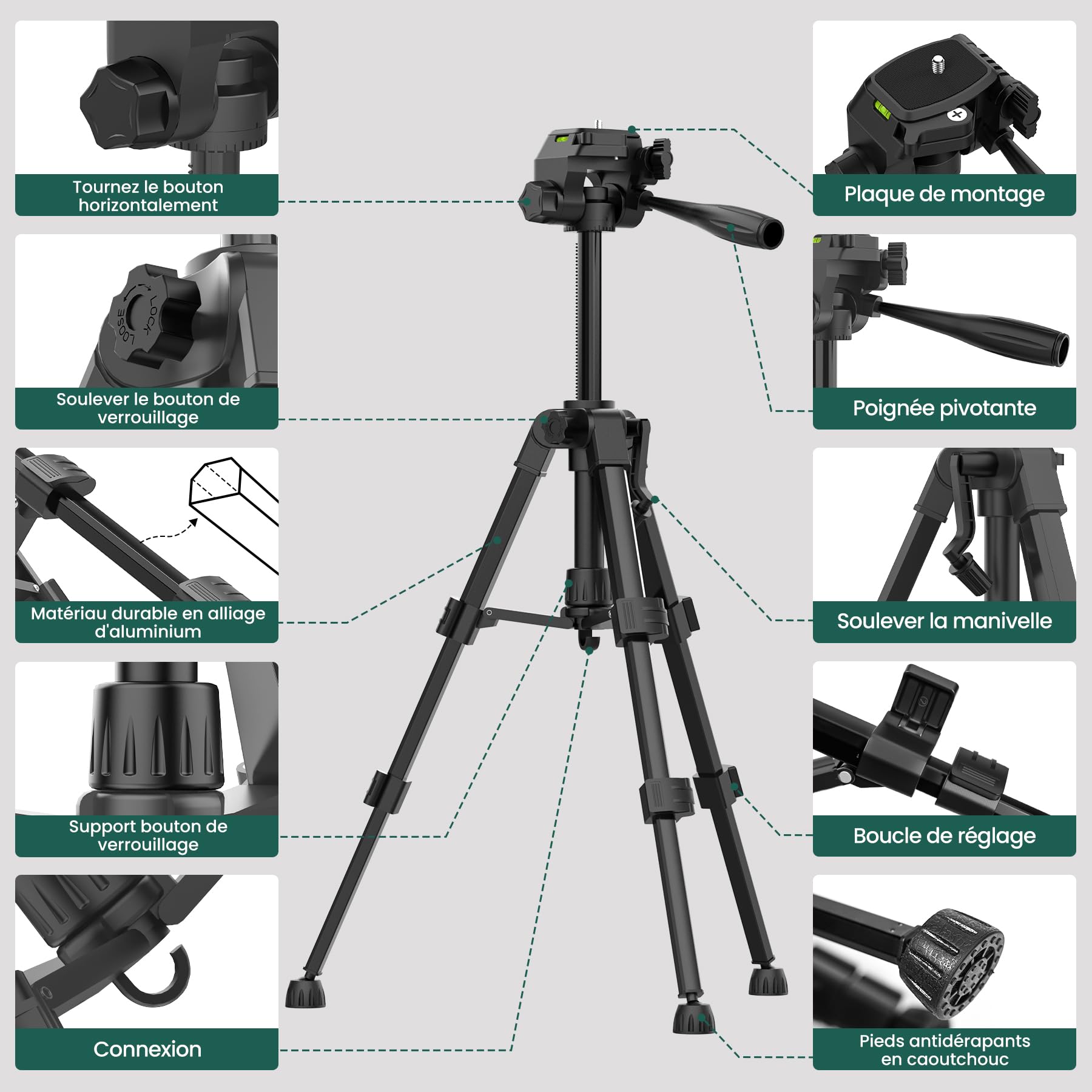 HYCHIKA Trépied pour Niveau Laser, Basculement et Rotation du Niveaux Laser de 90°, 180°et 360°Verticalement ou Horizontalement, avec 1/4" Filetage, Sac en Tissu (Hauteur: 30-65 cm)
