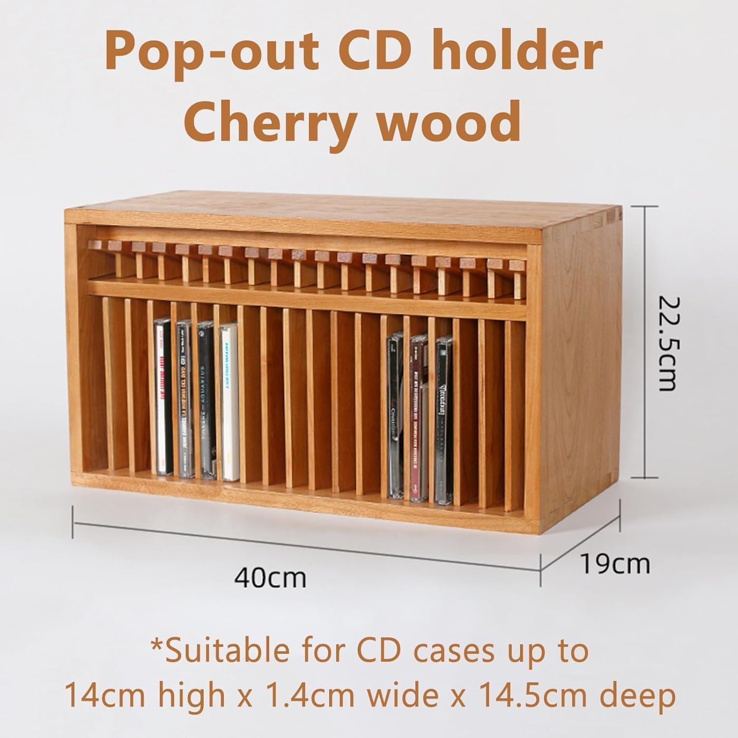 Supporto per CD da scrivania, in legno, per CD, DVD e CD, 14 x 1,4 x 14,5 cm, contiene 19 custodie standard per CD