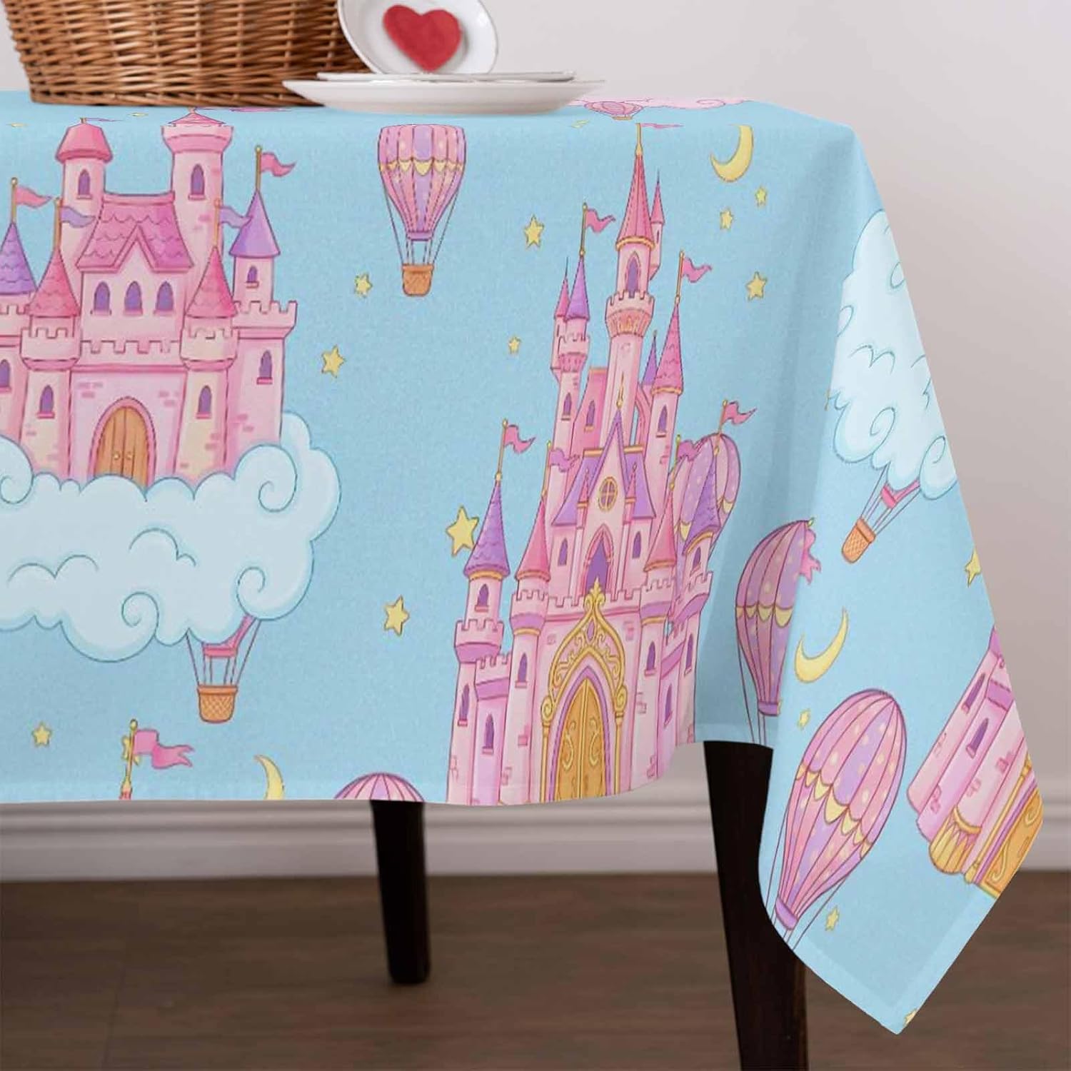 Children's Day Waterproof Table Cloth Pink Castle Hot Balloons Moon Stars Sky Blue Waterproof & Wrinkle Table Cover, Washable Polyester Soft Fabric Table Cloth for Outdoor Indoor Parties