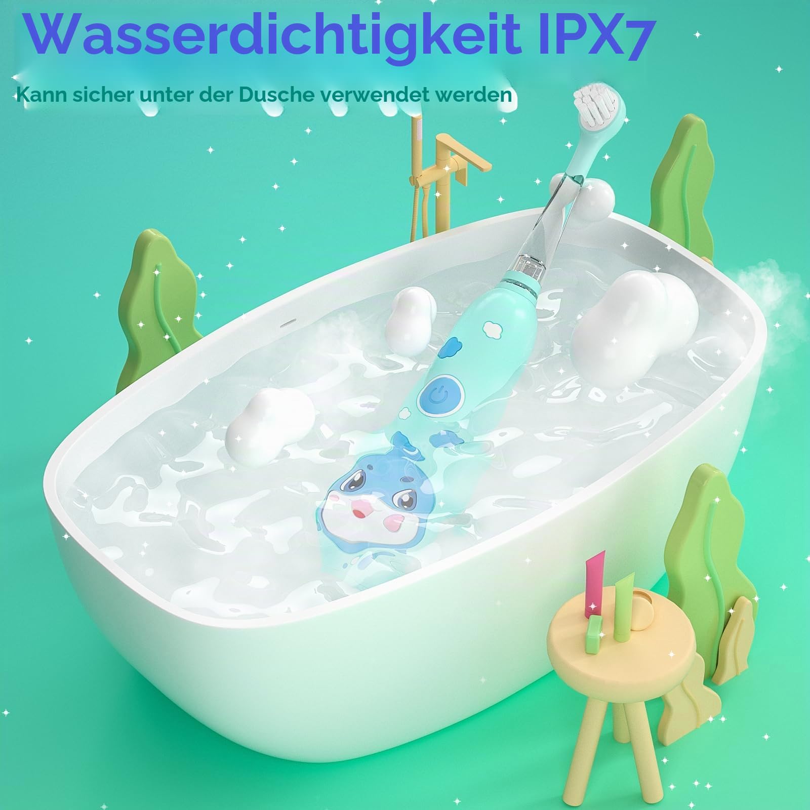 Seago Elektrische Zahnbürste Kinder 0-6 Jahre mit buntem LED Licht, Smart Timer, wiederaufladbare Baby Zahnbürste mit 8 weiche Ersatzbürstenköpfen, IPX7 Wasserdicht, SG2139 (Blau) (Packung mit 2)