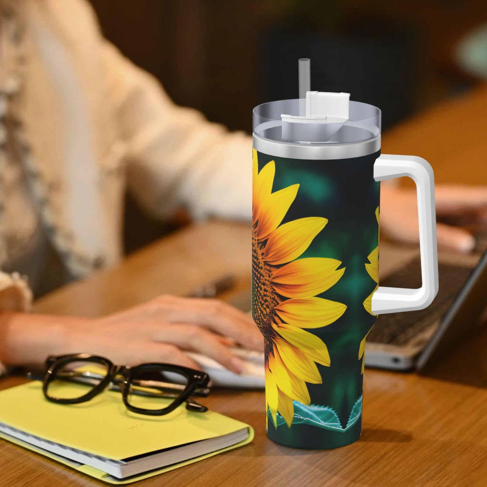 Wasserflasche mit Sonnenblumenmuster, Edelstahl, doppelwandig, isoliert, mit Griff und Strohhalm-Deckel, 1,2 l