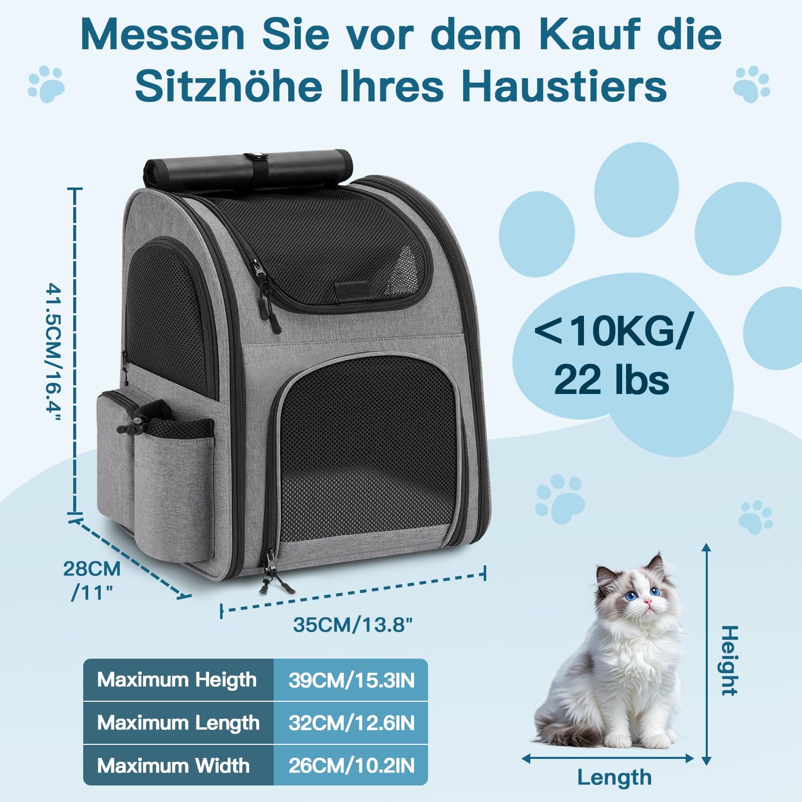 Hunderucksack bis 10kg, Haustier Rucksack mit Netzfenster, Faltbare Katzenrucksack Hunde Rucksack, Atmungsaktive und Leichte Dog Cat Backpack mit Innerer Sicherheitsleine und Haustiermatte - Grau