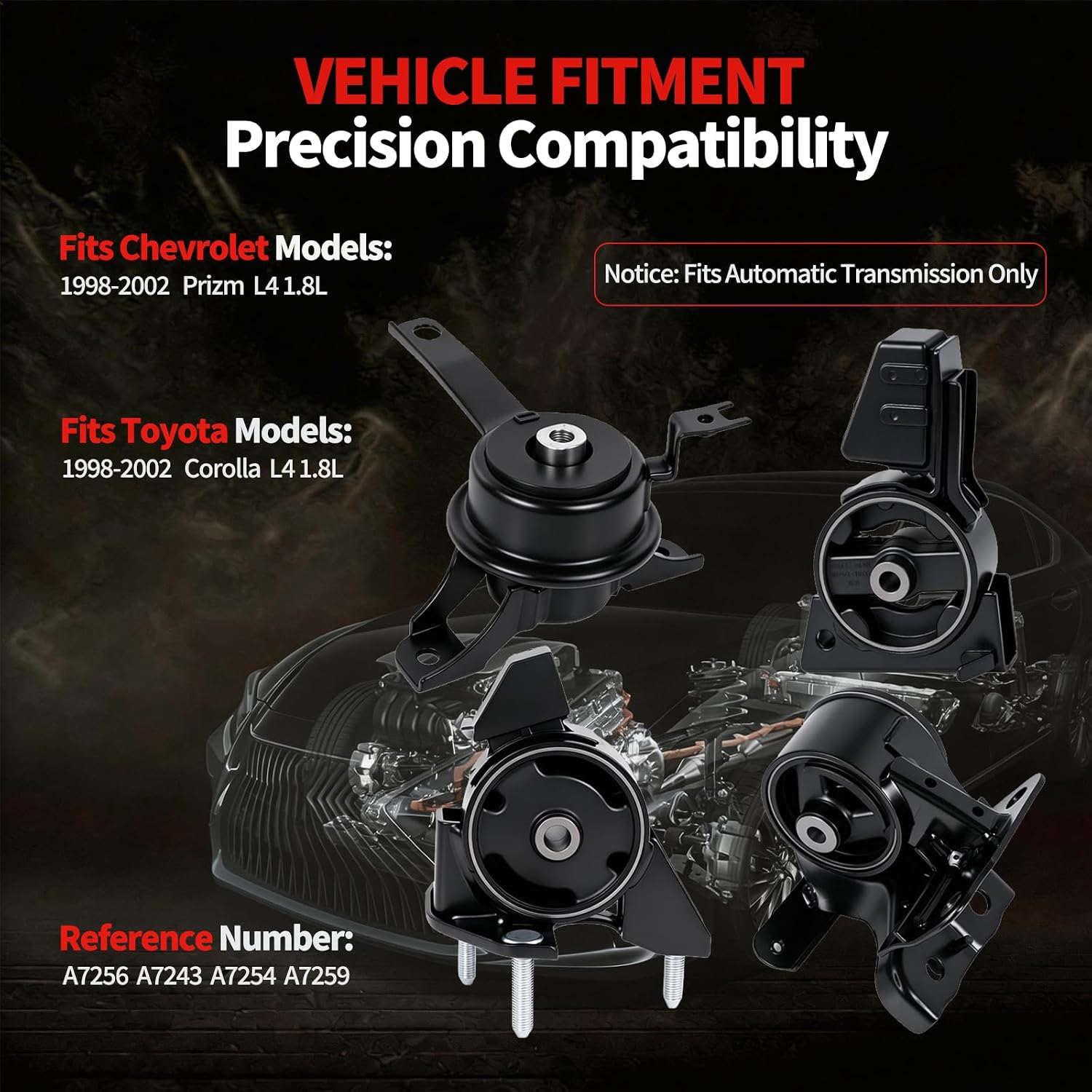 Engine Motor Mount Set Compatible with Fits for 98-02 Toyota Corolla 1.8L 1998-2002 Chevrolet Prizm 1.8L 4 Speed 4pcs A7256 A7243 A7254 A7259