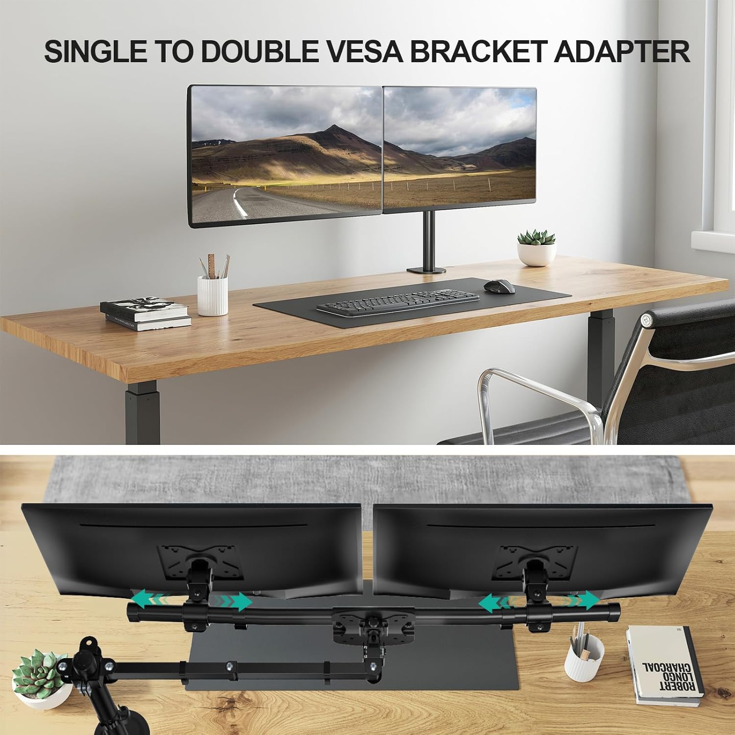 WALI Dual Monitor Wall Mount, Single to Double Bracket Adapter, Horizontal Assembly Arm for 2 Screen up to 27 inch (012ARM), Black
