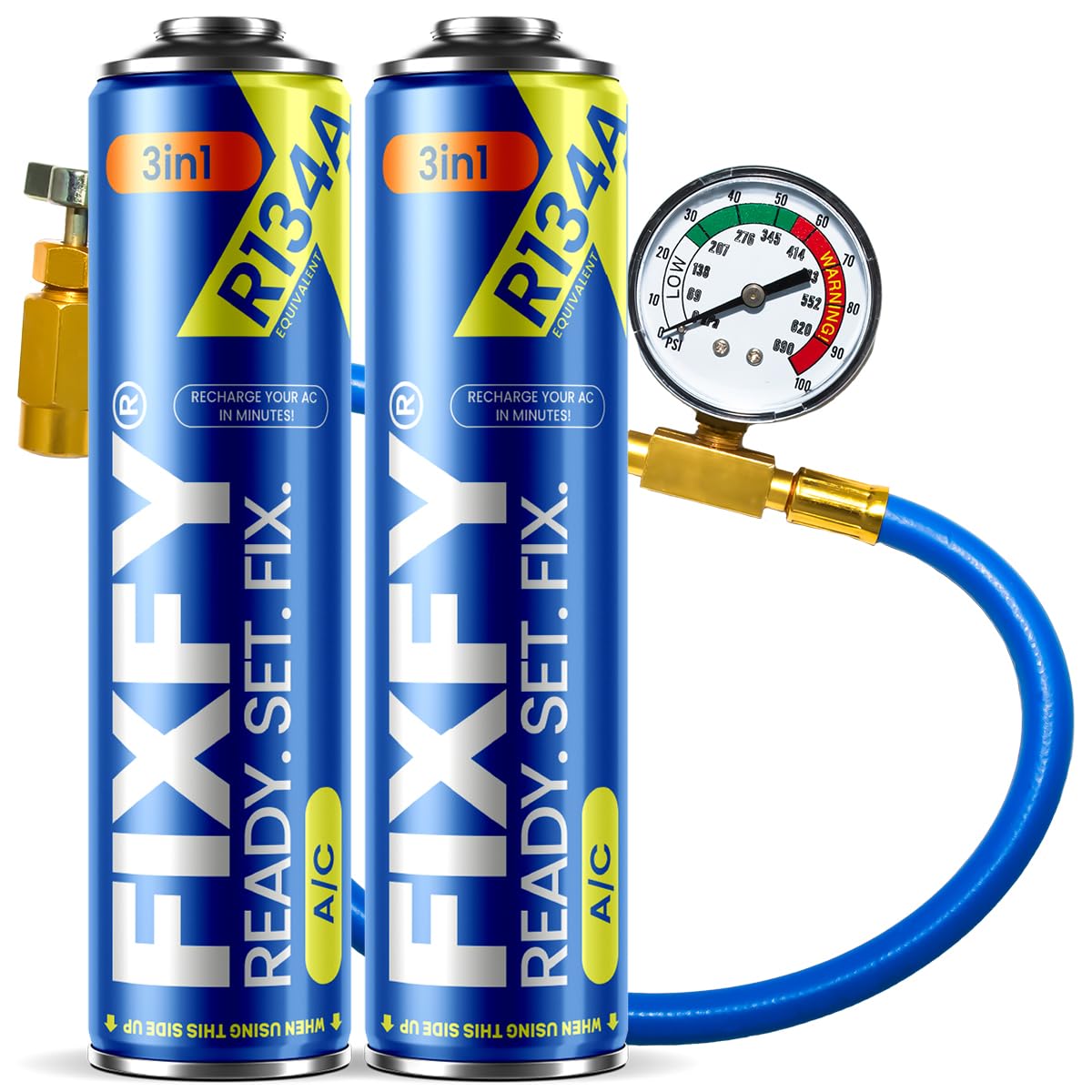 FIXFY 3 in 1 - Ricambio per refrigerante R134a con olio e sigillante - Set con tubo e manometro 500 x 2 ml per auto riempimento dell'aria condizionata in auto 1995-2016