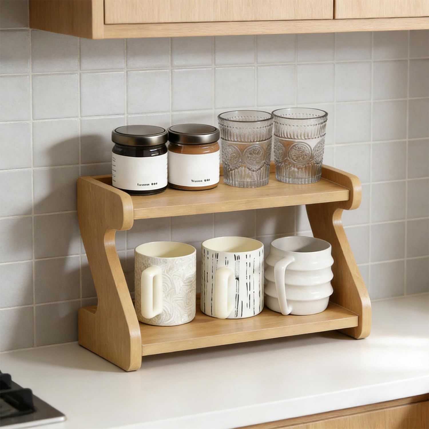 Soporte para Tazas de Café de 2 Niveles Estante de Encimera para Baño Especieros para Cocina Encimera para Estación de Café y Oficina (Color Natural)