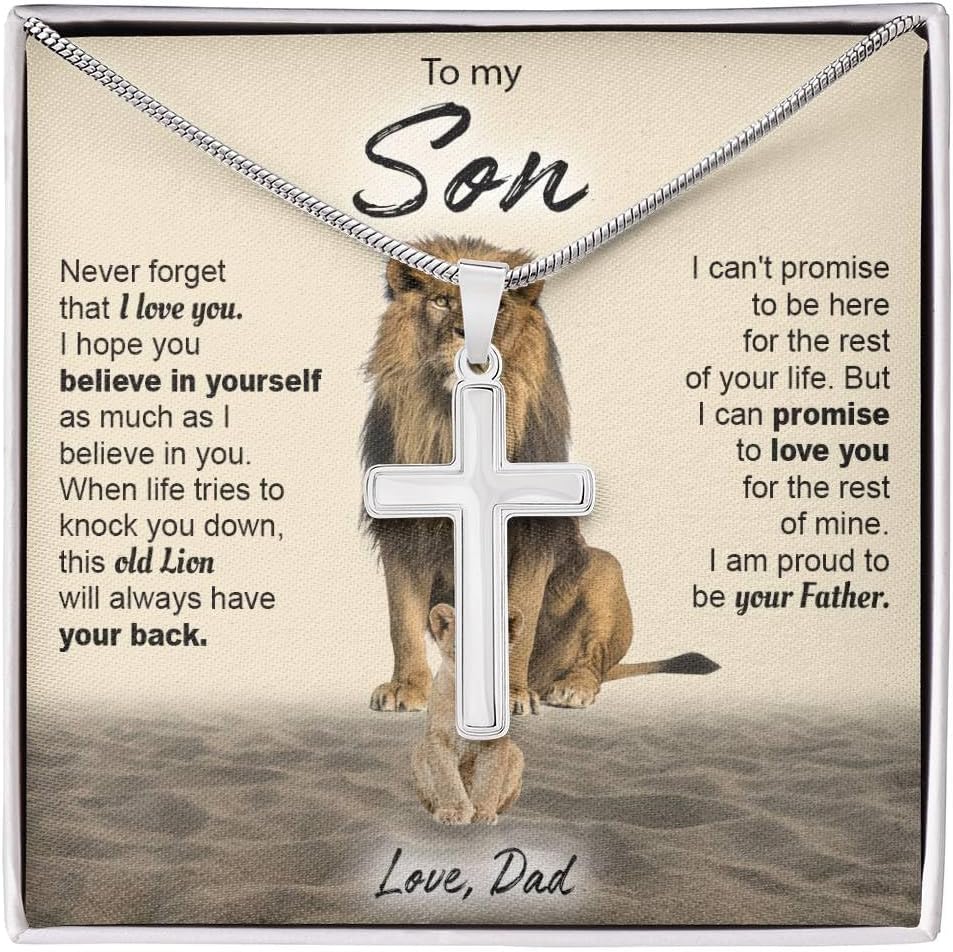 To My Son Cross Necklace from Dad with Inspirational Message Card, Stainless Steel Pendant, Meaningful Birthday Christmas Gift for Son, Jewelry Necklace For Him