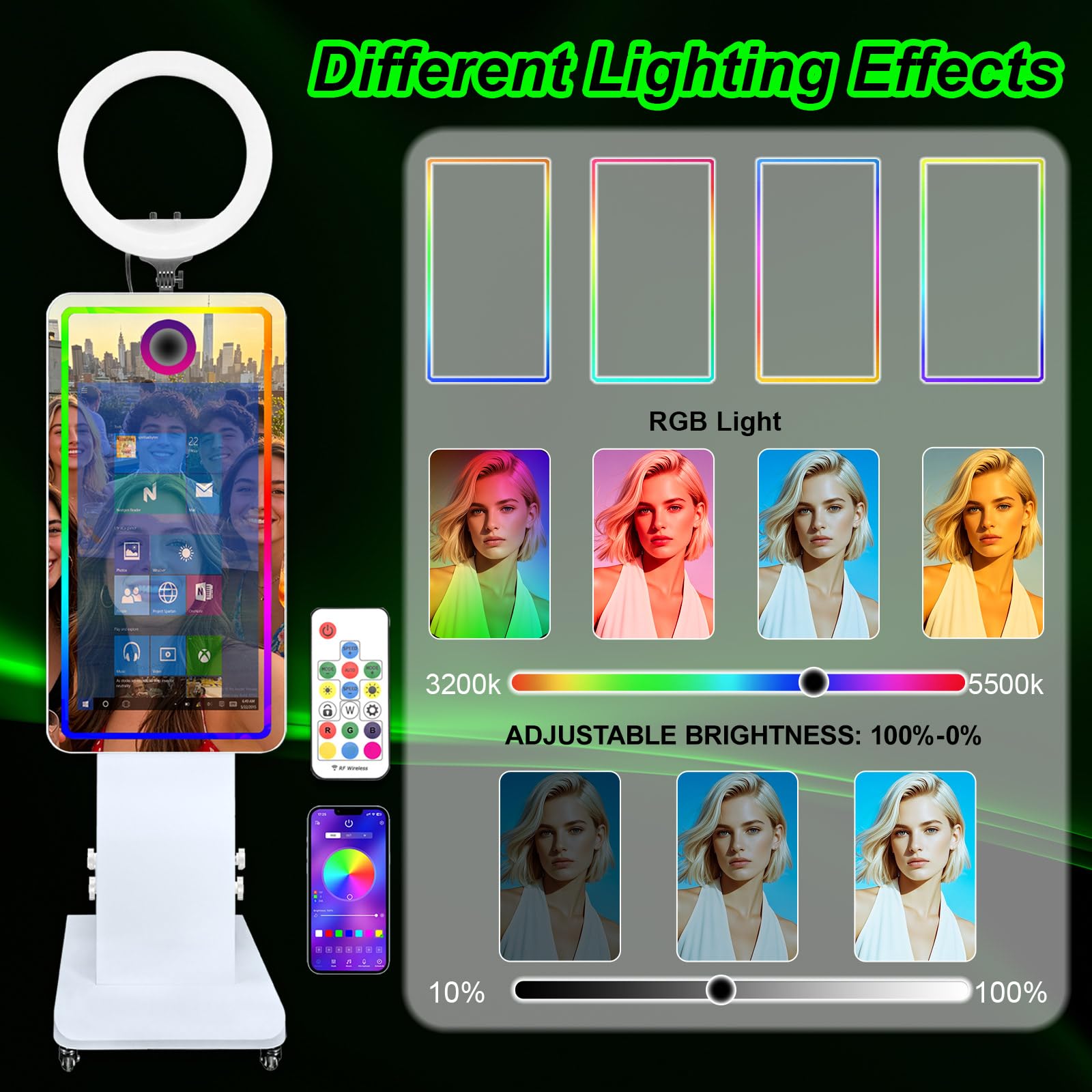 Magic Mirror Fotobudka z oświetleniem wypełniającym i ekranem dotykowym 32 cali, wbudowany mini PC, światło RGB i udostępnianie na imprezę, wesele, wypożyczalnia (fotobudka)