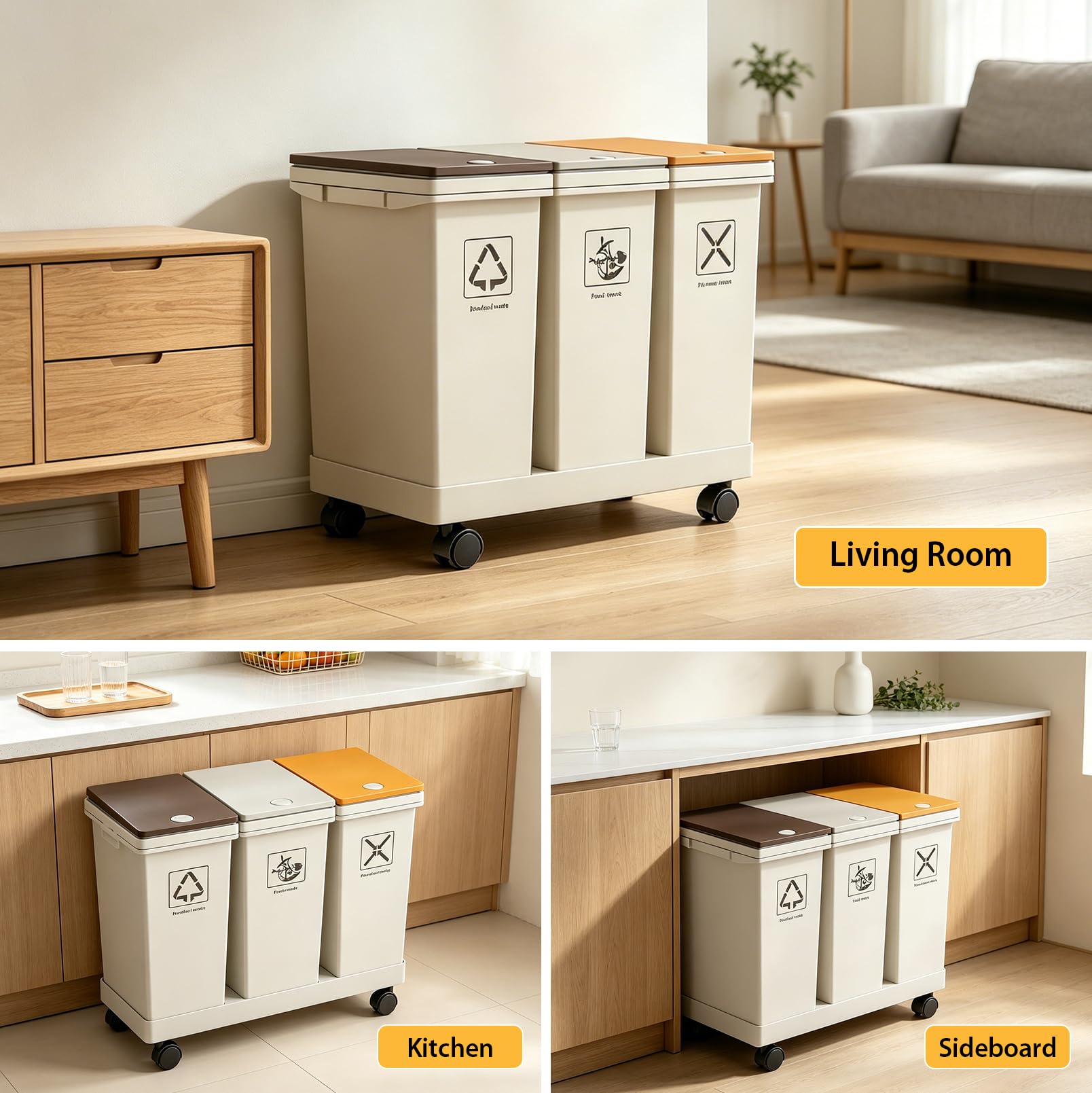 Lot de 3 poubelles, 3 x 12 l, système de tri des déchets de cuisine avec pied | Poubelle différenciée amovible, poubelle de recyclage avec couvercle et roulettes, pour cuisine, maison, bureau, poubelle