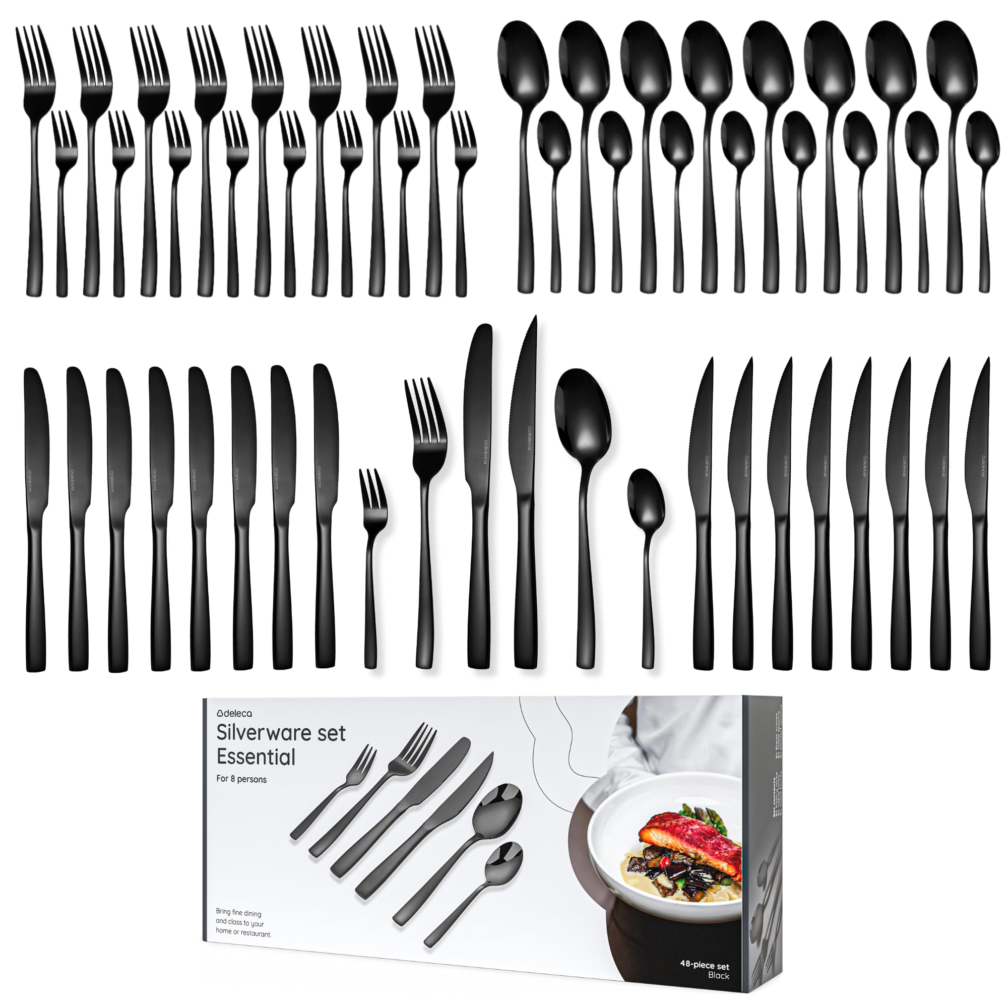 Essential Besteckset, 48-tlg., 8 Personen, 18/0 Edelstahl, Schwarz
