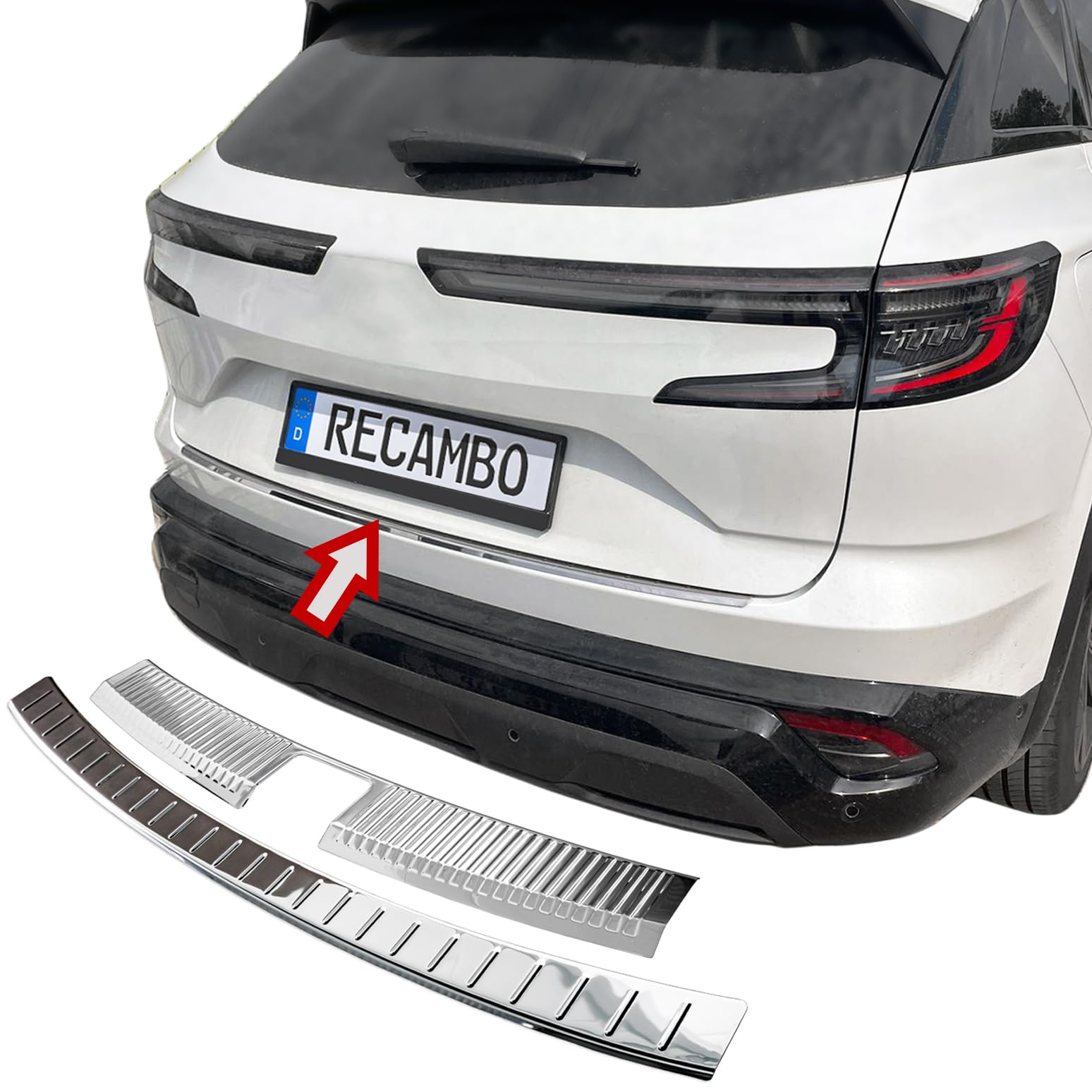 RECAMBO Osłona progu bagażnika ze stali nierdzewnej – pasuje do Renault Austral, od roku produkcji 2022, 2-częściowy zestaw o polerowanym wyglądzie chromu, do zderzaka wewnątrz i na zewnątrz, z gładką