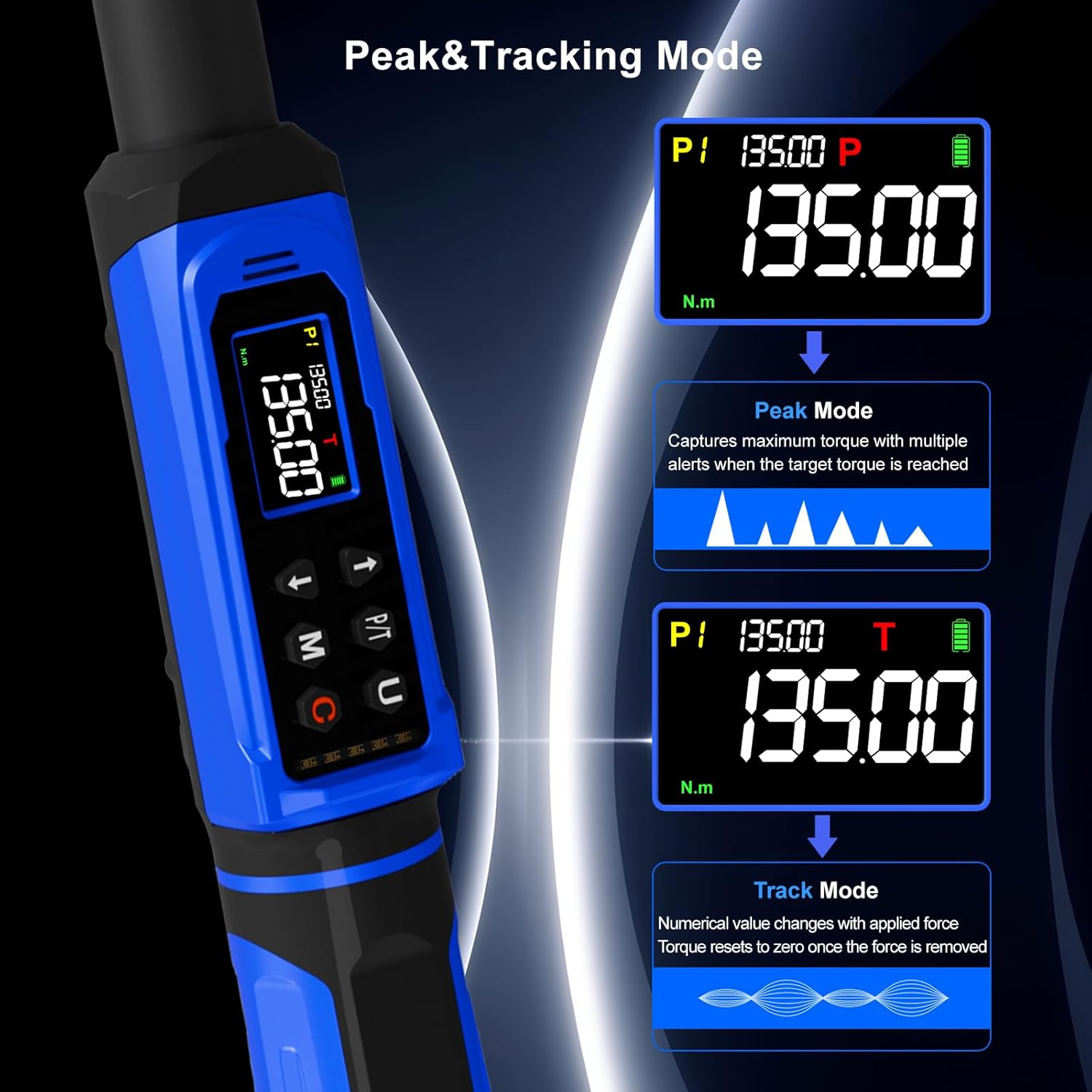 1/2" Digital Torque Wrench 1.5-99.56 Ft-lb (2-135 Nm) with 3/8" Adapter, Electronic Inch Pound Torque Wrench 3/8", 5 Units ±1% Accuracy with Buzzer & LED Alerts for Car Bike Moto