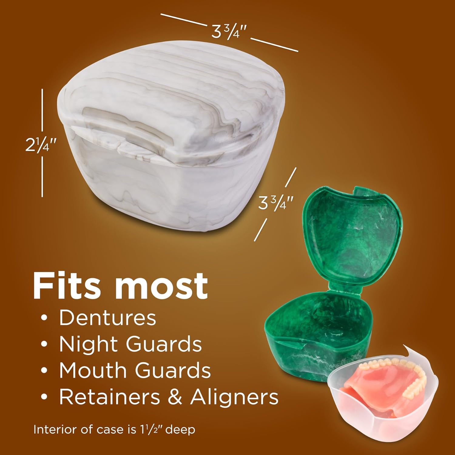 Easy Open Denture Bath & Case, with Strainer Basket for Soaking, Cleaning, and Storage, Two Pack (Marble & Emerald)