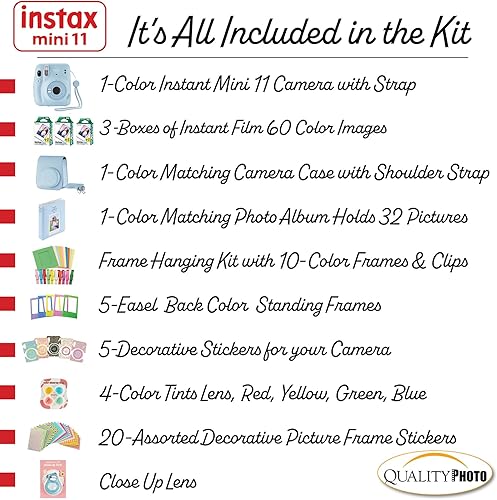 Miniatura 3 de Fujifilm - Cámara instantánea Instax Mini 11 con funda 60 películas Fuji calcomanías decorativas marcos álbum de fotos y más kit de accesorios azul