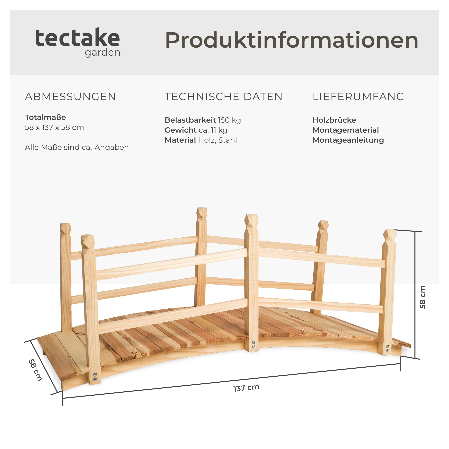 tectake® Holzbrücke, wetterfeste Brücke mit Geländer, begehbare Gartenbrücke bis 150 kg belastbar, 137 x 58 x 58 cm, Teichbrücke aus Kiefernholz, Zierbrücke für Gartenteich, Bachlauf, Gartenweg